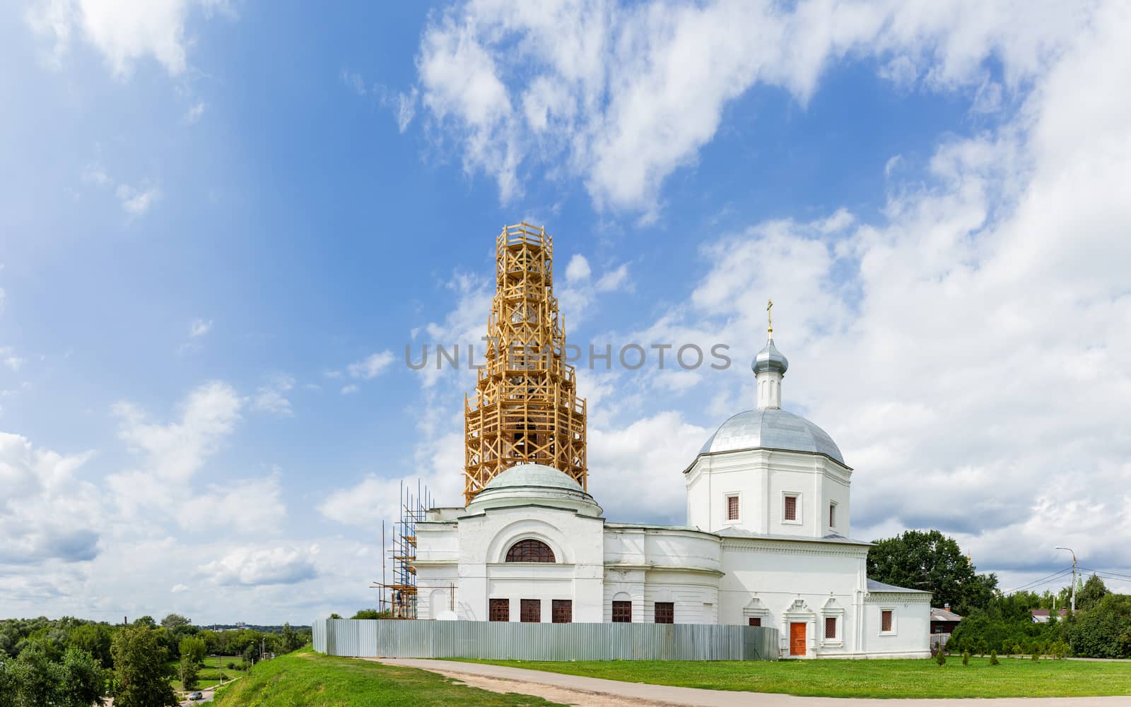 Restoration of the bell tower of Trinity Cathedral on Red hill, medieval orthodox church in Serpukhov. Moscow region, Russia.