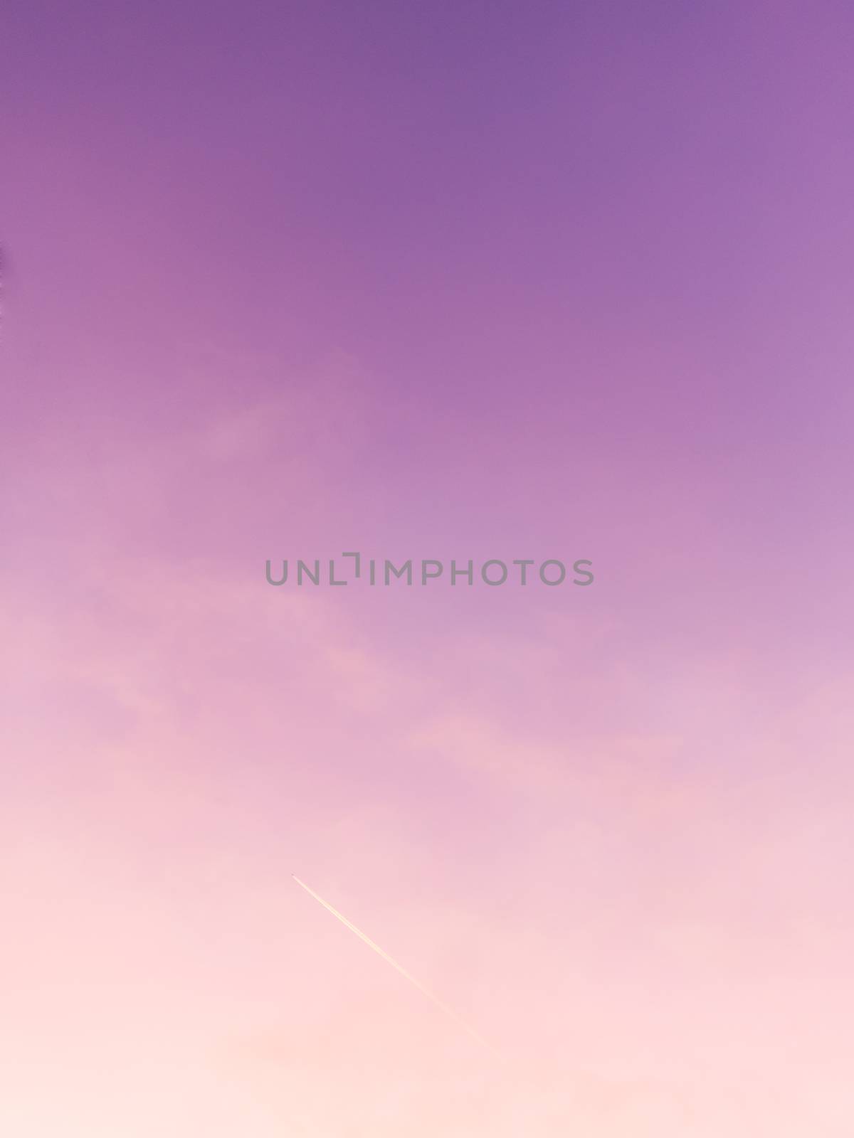 Gorgeous pink, coral and violet sunset with clouds and flying airplane. Colorful sky.