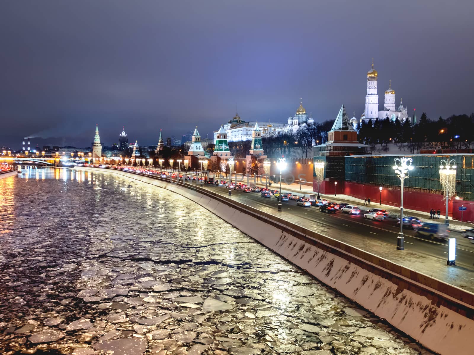 Panorama view of Moscow-river, Kremlin, Ivan the Great Bell tower, Grand Kremlin Palace, Cathedral of the Annunciation. Moscow, Russia.