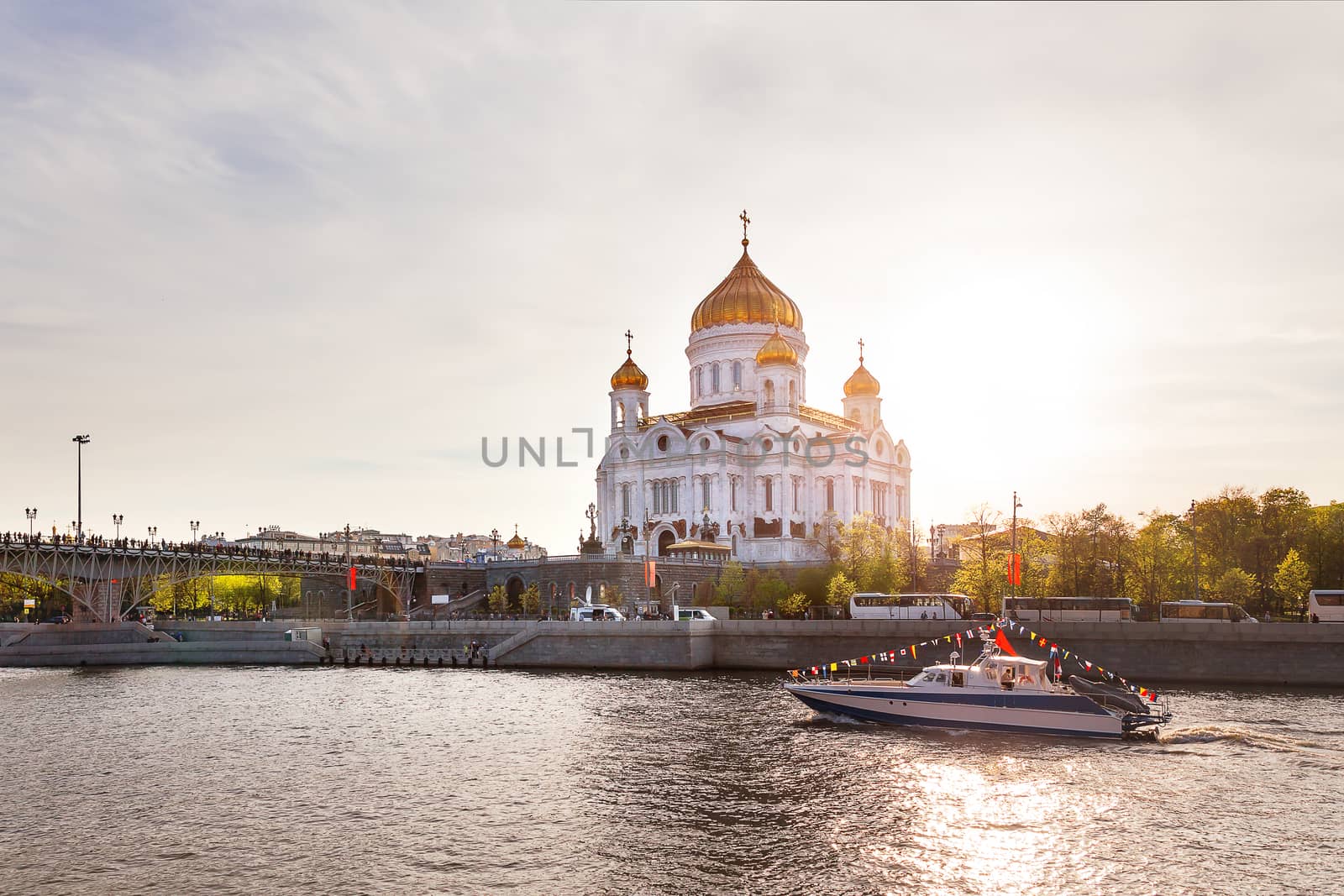 View of Cathedral of Christ the Saviour and Patriarshiy bringe at sunset. Moscow, Russia.