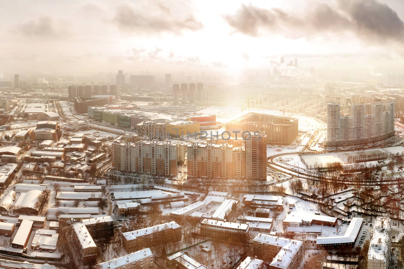 Panorama view of Moscow, Russia. Aerial view on Horoshevo district. Early winter morning, sunrise.