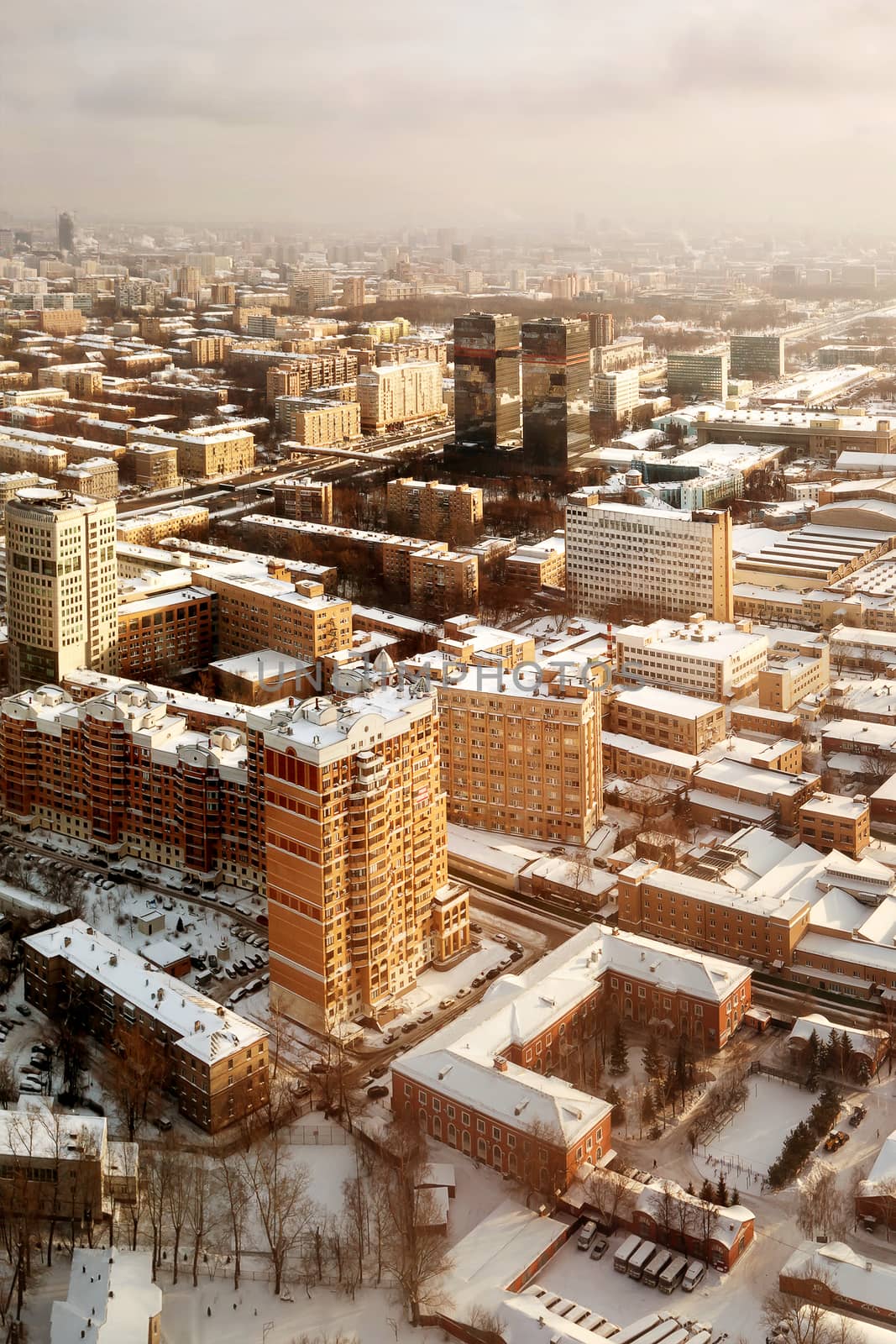 Panorama view of Moscow, Russia. Aerial view on Horoshevo district. Early winter morning, sunrise.