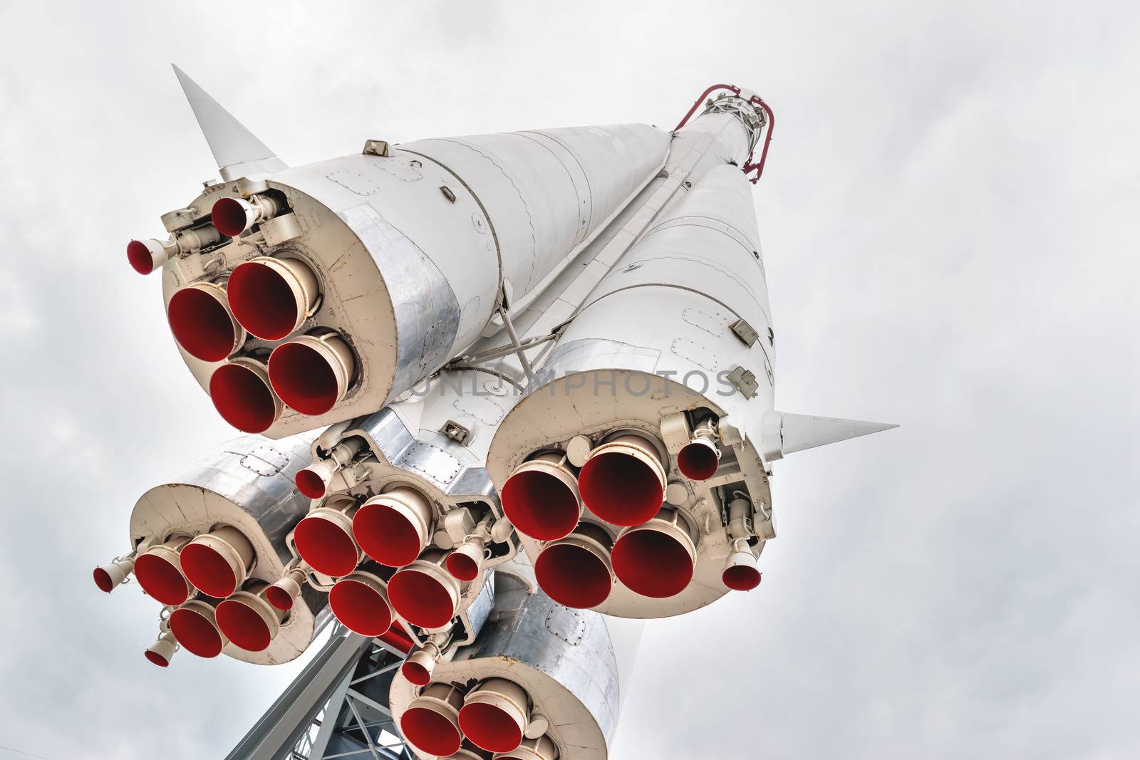 Copy of space launch vehicle "Vostok". Rocket model at VDNH ("The Exhibition of achievements of national economy") in Moscow, Russia.