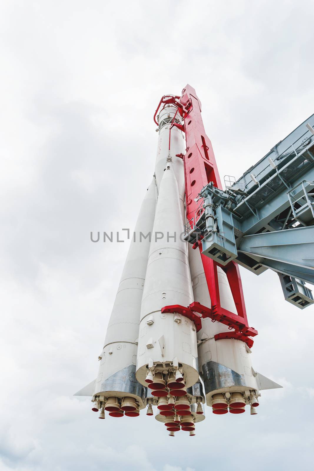 Copy of space launch vehicle "Vostok". Rocket model at VDNH ("The Exhibition of achievements of national economy") in Moscow, Russia. by aksenovko