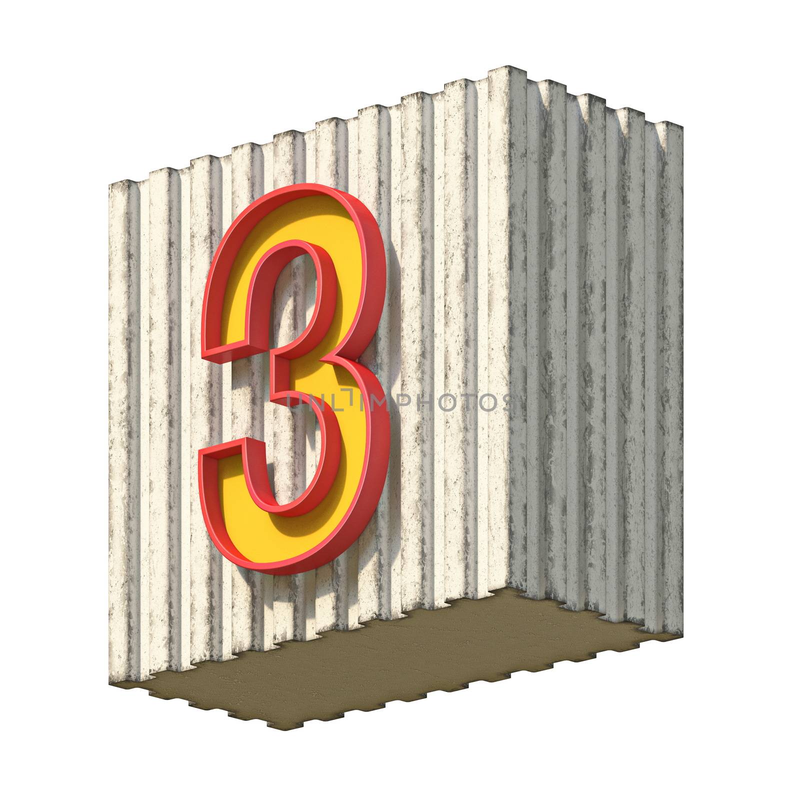 Vintage concrete red yellow Number 3 3D render illustration isolated on white background