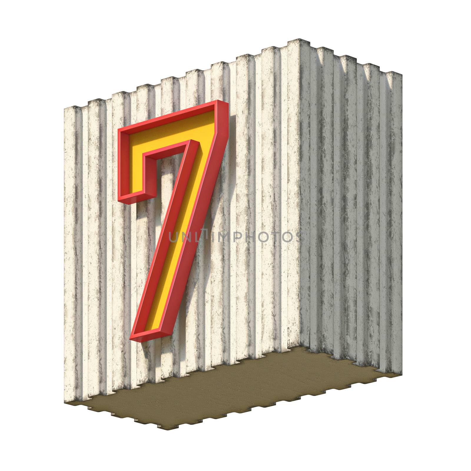 Vintage concrete red yellow Number 7 3D render illustration isolated on white background