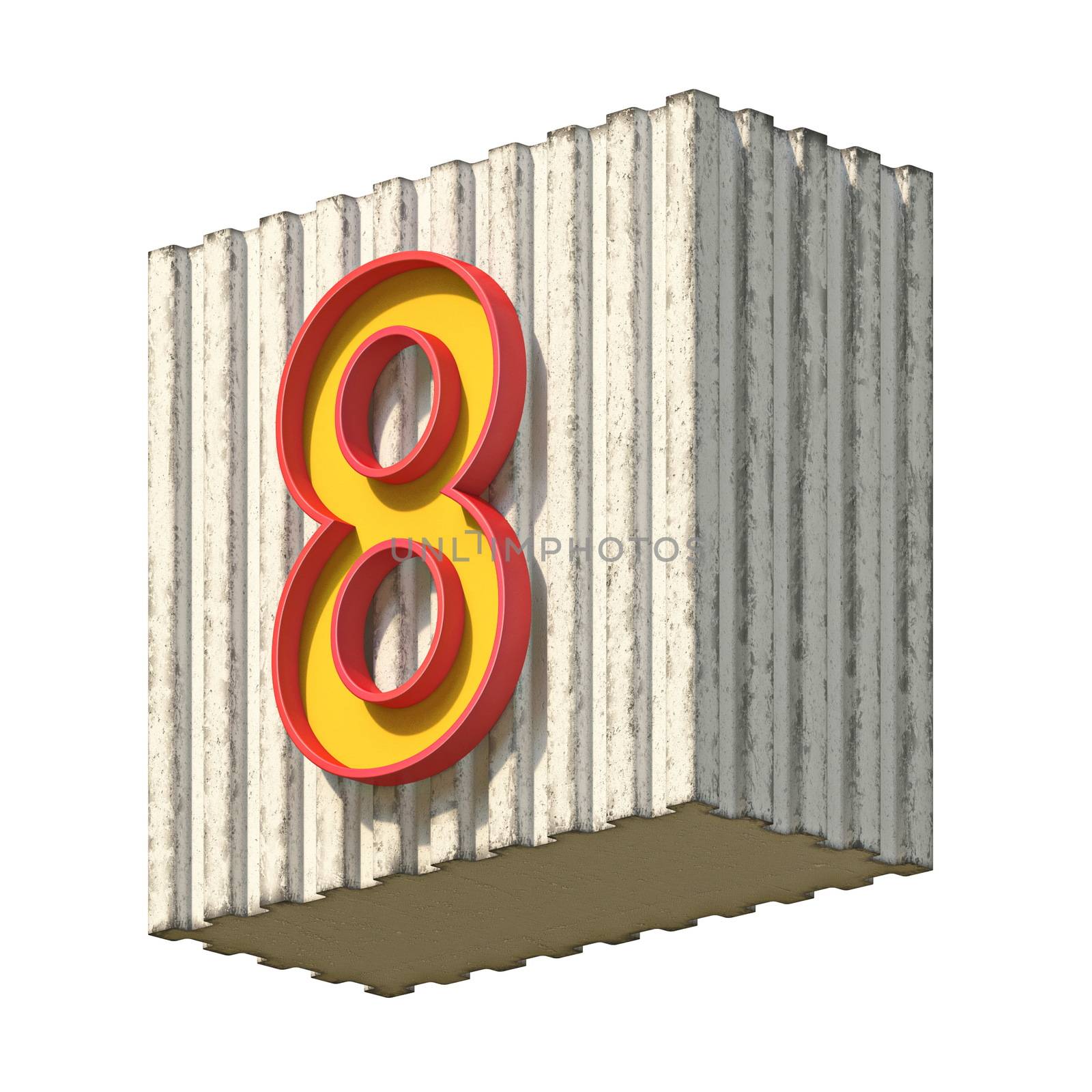 Vintage concrete red yellow Number 8 3D render illustration isolated on white background