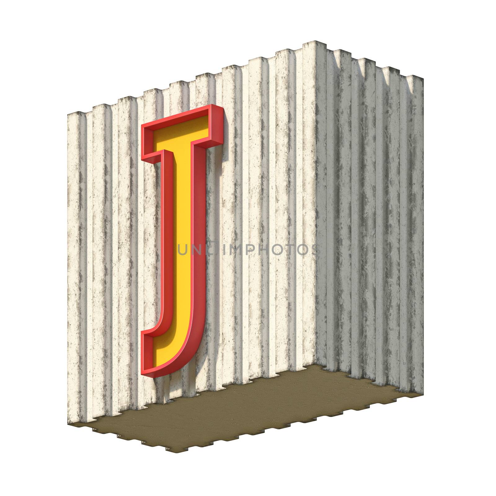 Vintage concrete red yellow font Letter J 3D render illustration isolated on white background