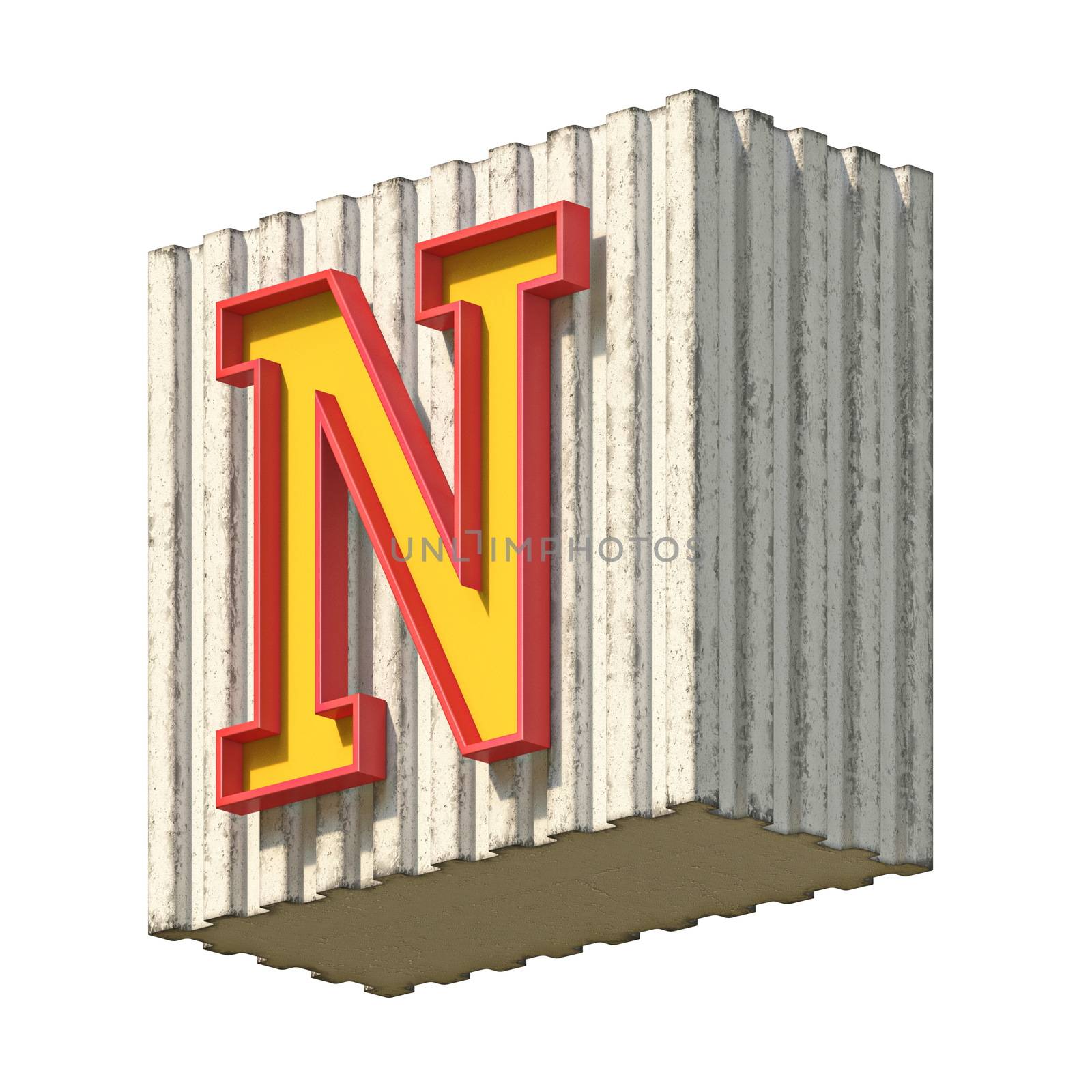 Vintage concrete red yellow font Letter N 3D render illustration isolated on white background