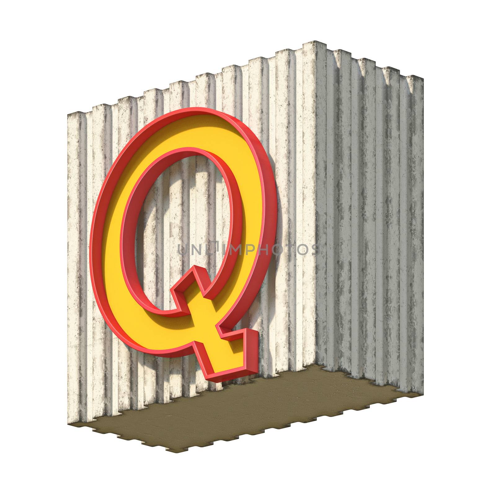 Vintage concrete red yellow font Letter Q 3D render illustration isolated on white background