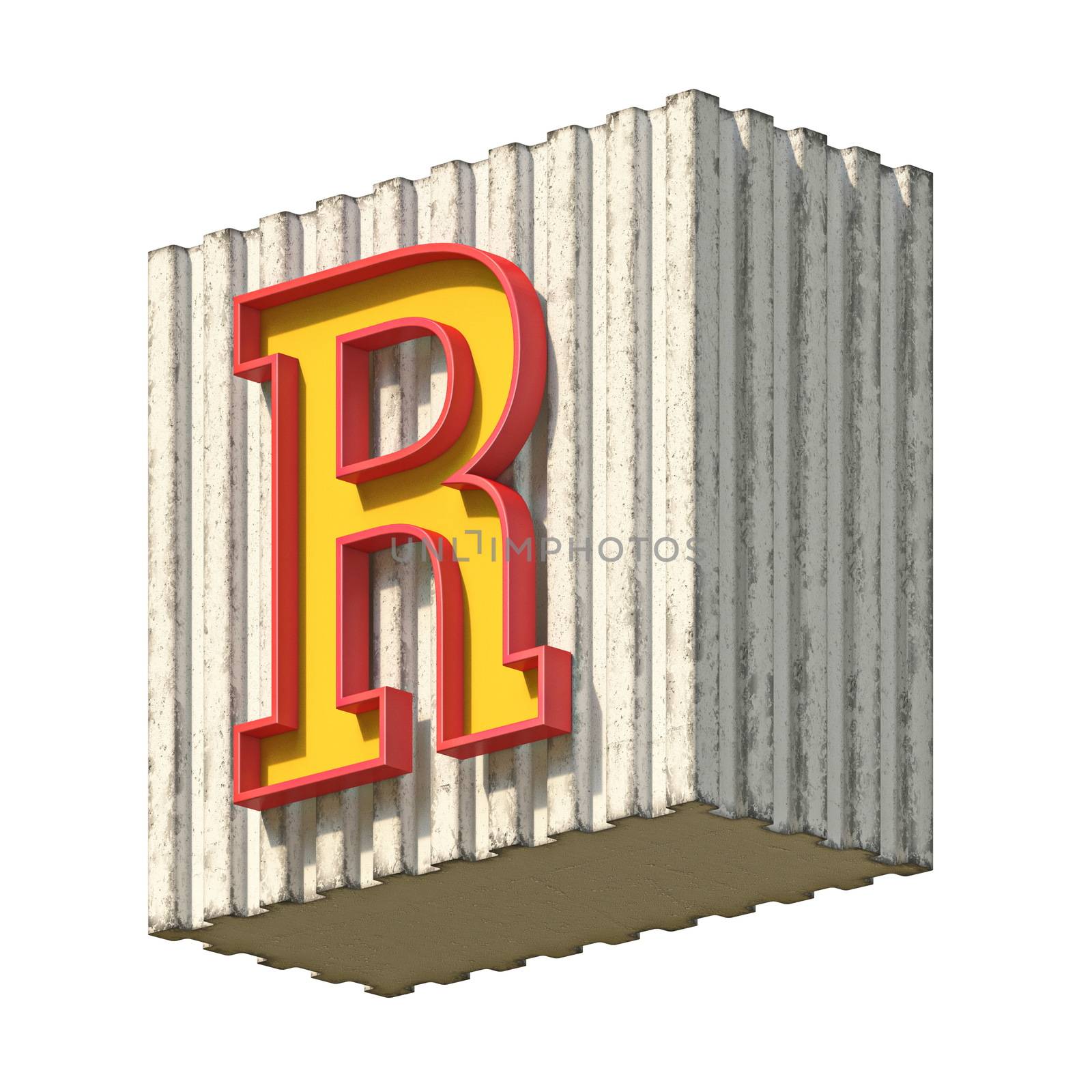 Vintage concrete red yellow font Letter R 3D render illustration isolated on white background