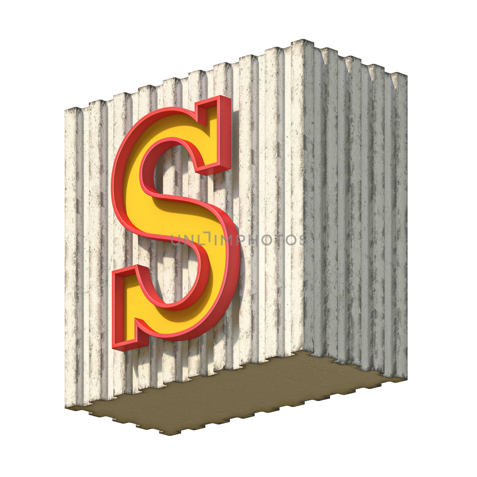 Vintage concrete red yellow font Letter S 3D render illustration isolated on white background