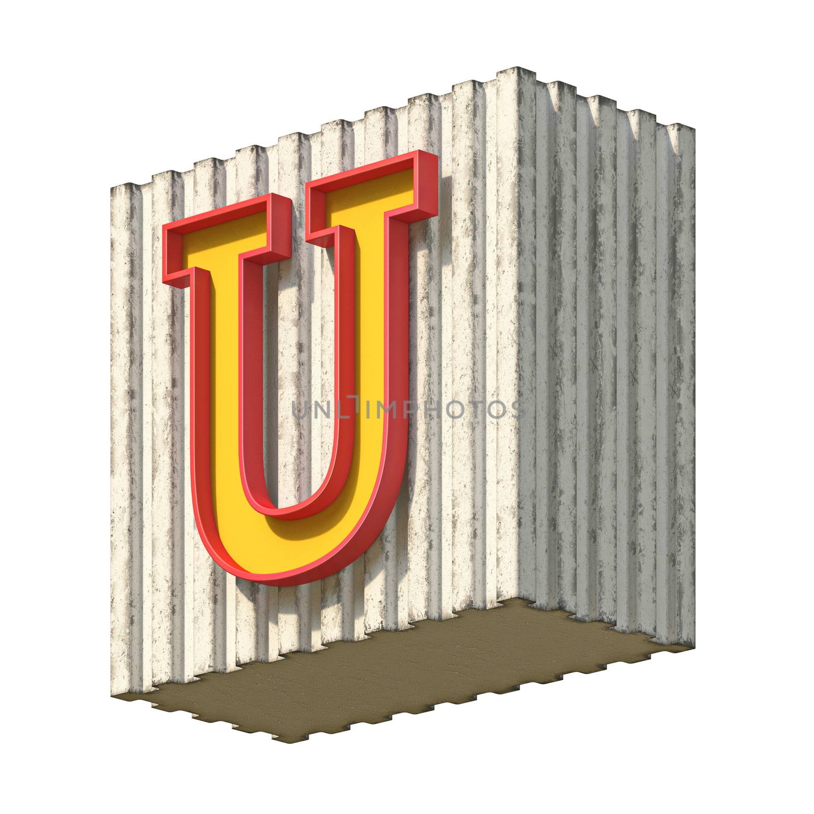 Vintage concrete red yellow font Letter U 3D render illustration isolated on white background