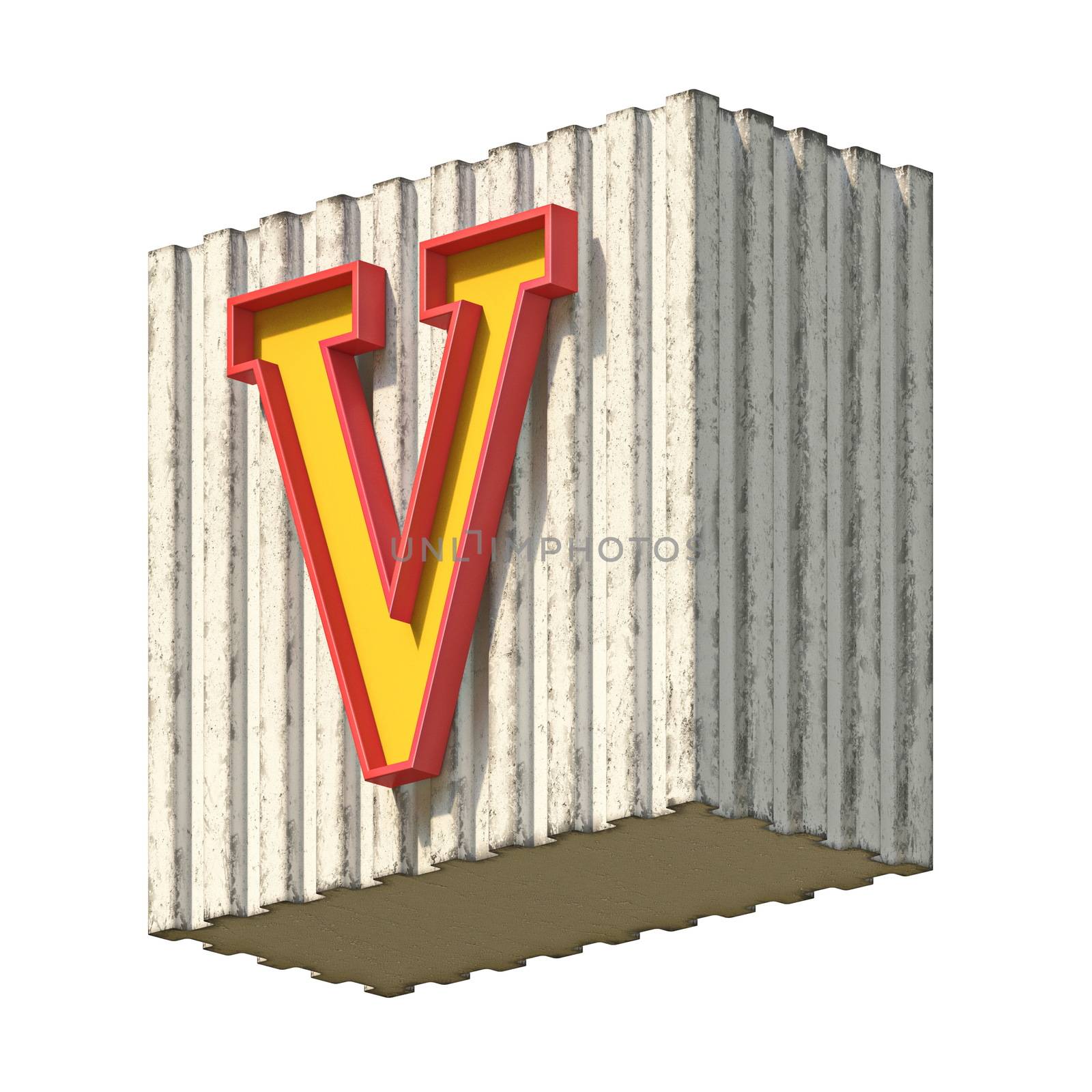 Vintage concrete red yellow font Letter V 3D render illustration isolated on white background