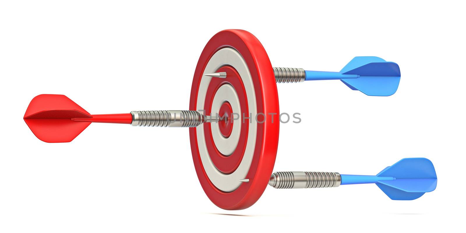 Dart hitting target from opposite sides 3D render illustration isolated on white background