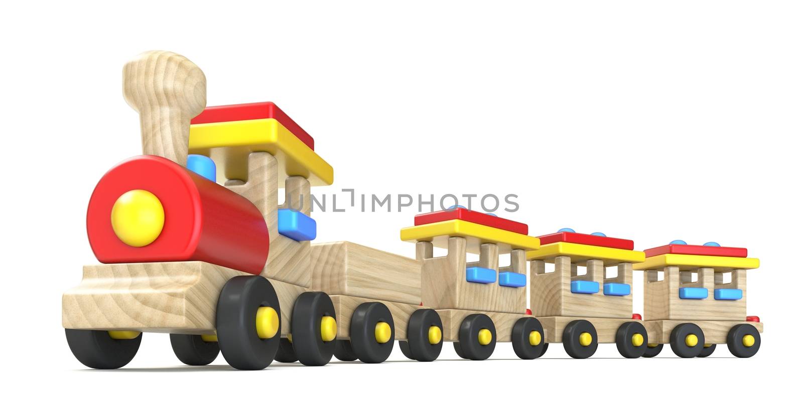 Wooden train 3D render illustration isolated on white background