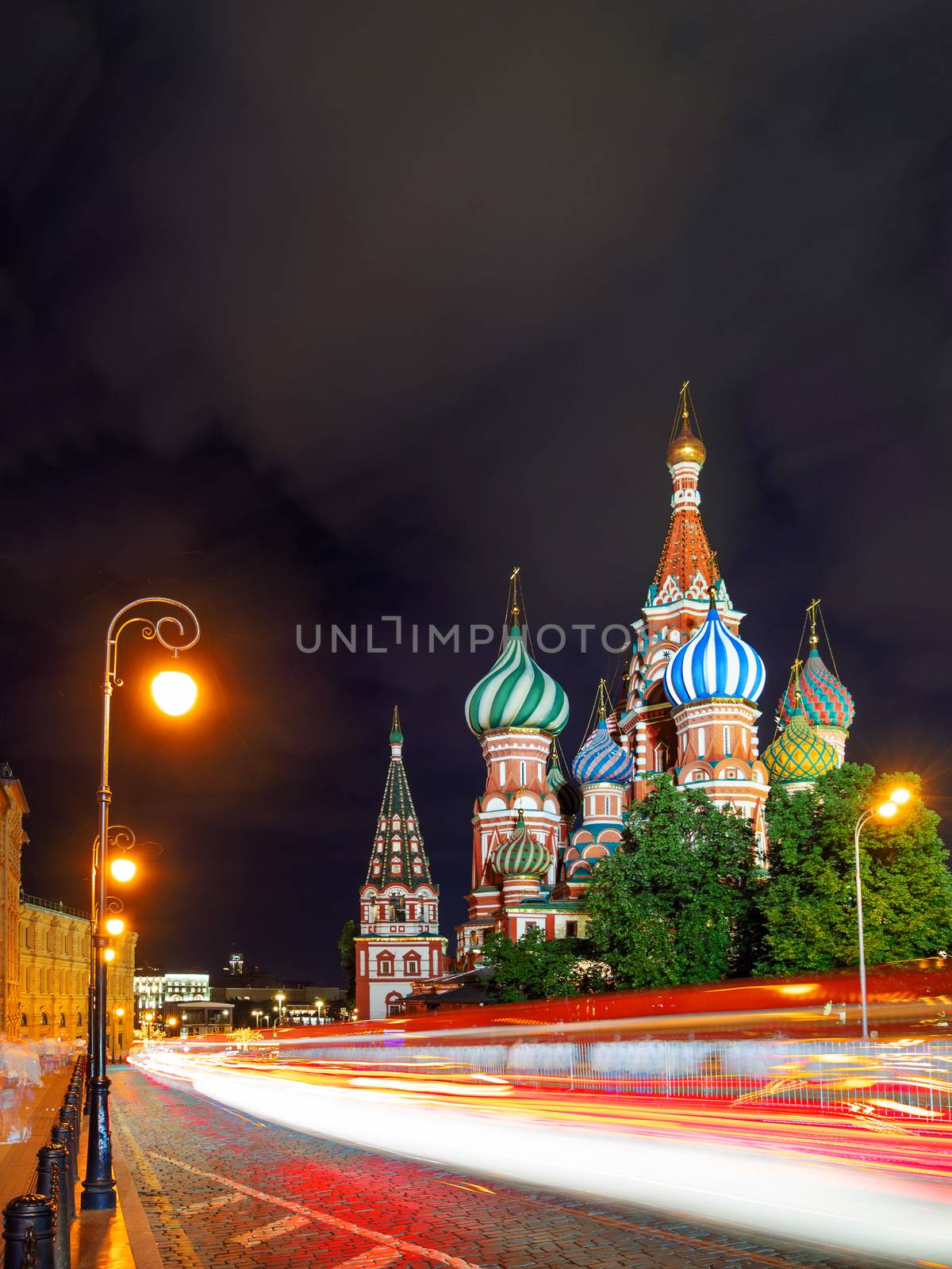 Night view on illuminated famous Saint Basil Cathedral on Red Square. Long exposure. Moscow, Russia.