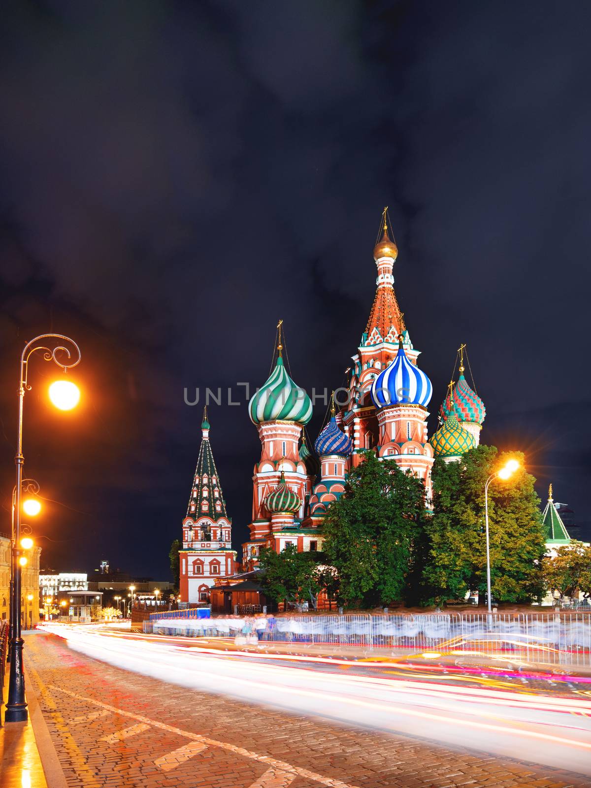 Night view on illuminated famous Saint Basil Cathedral on Red Square. Long exposure. Moscow, Russia. by aksenovko