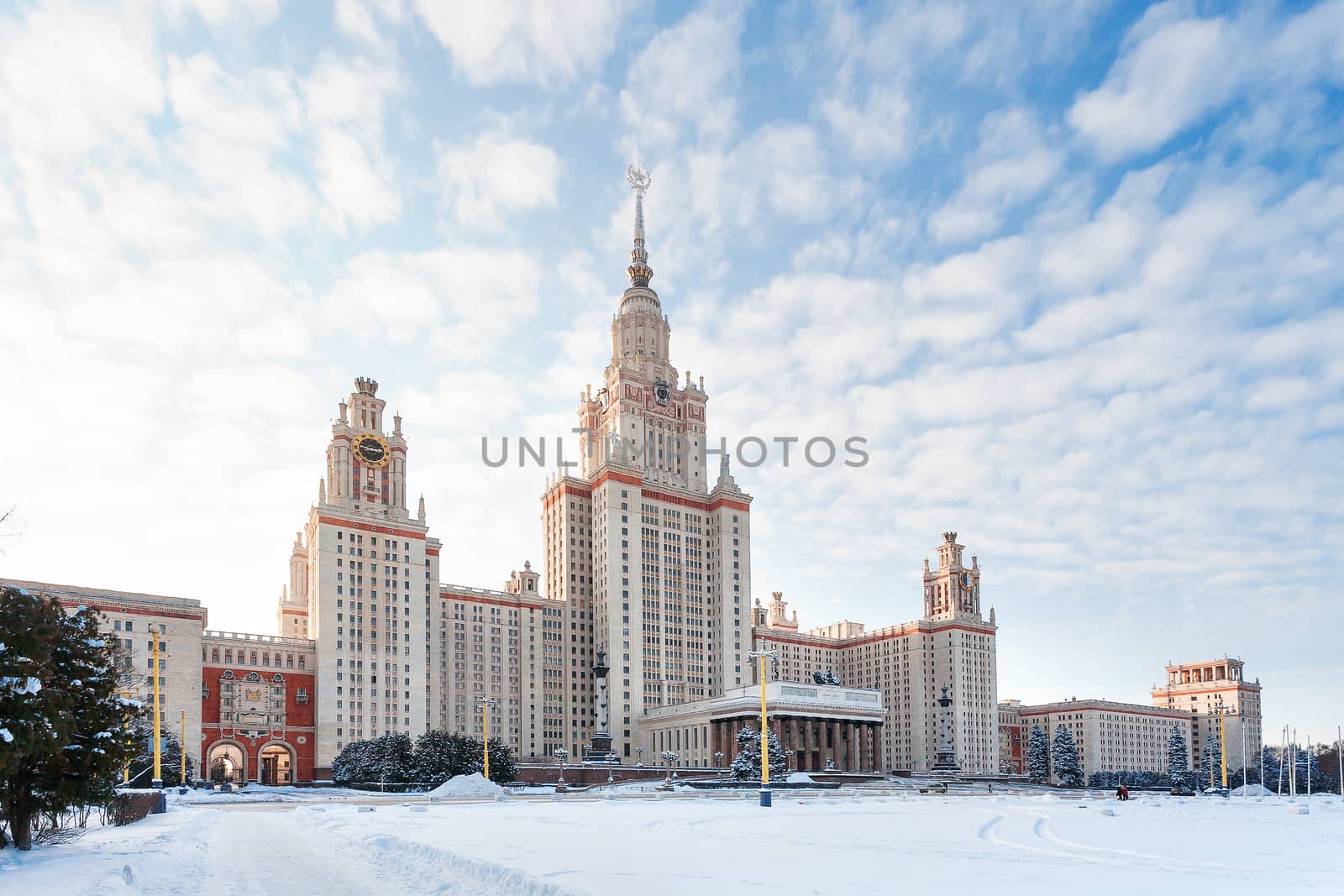 The main building of Moscow State University (MGU) in sunny winter day. The Sparrow Hills, Moscow, Russia.