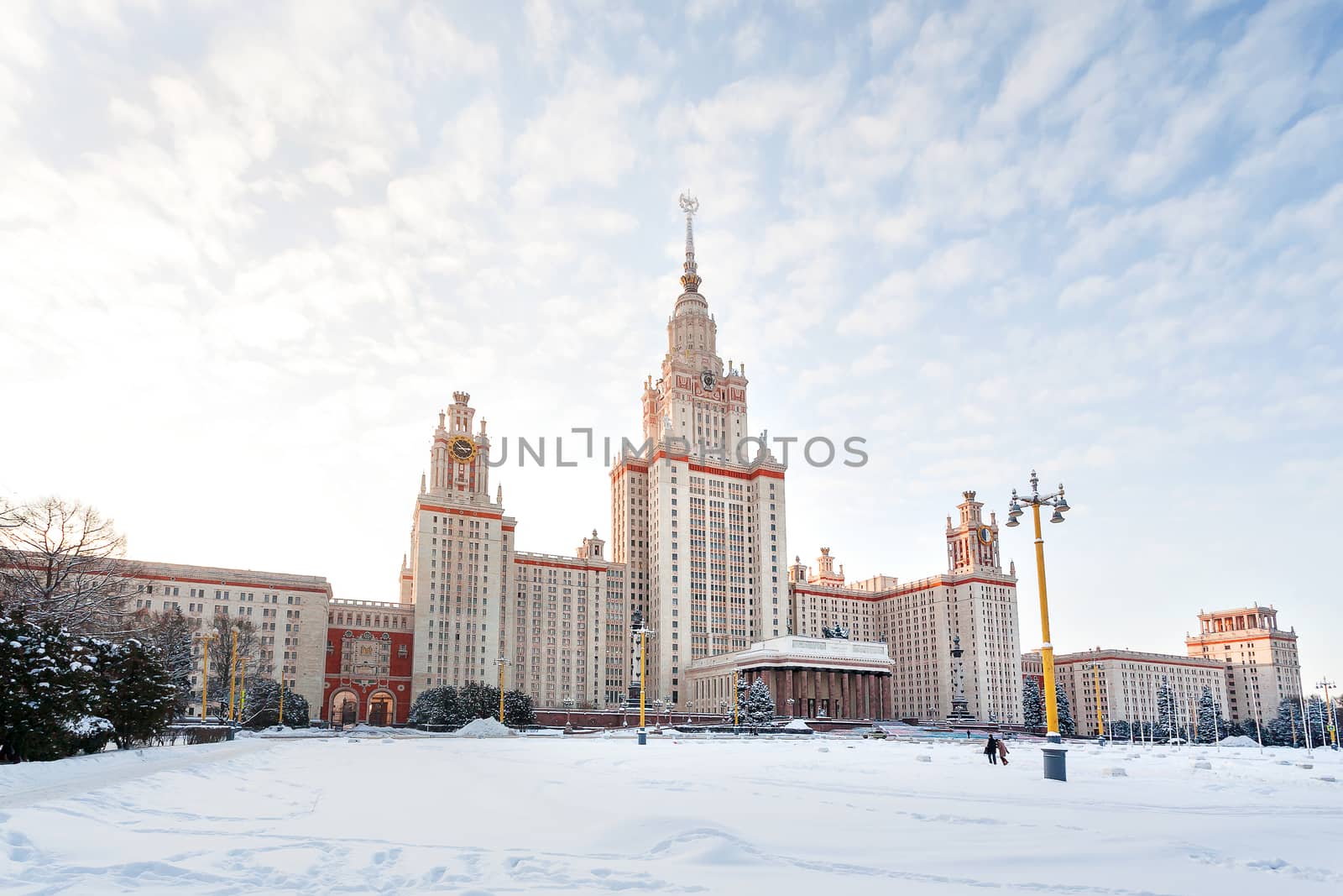 The main building of Moscow State University (MGU) in sunny winter day. The Sparrow Hills, Moscow, Russia.