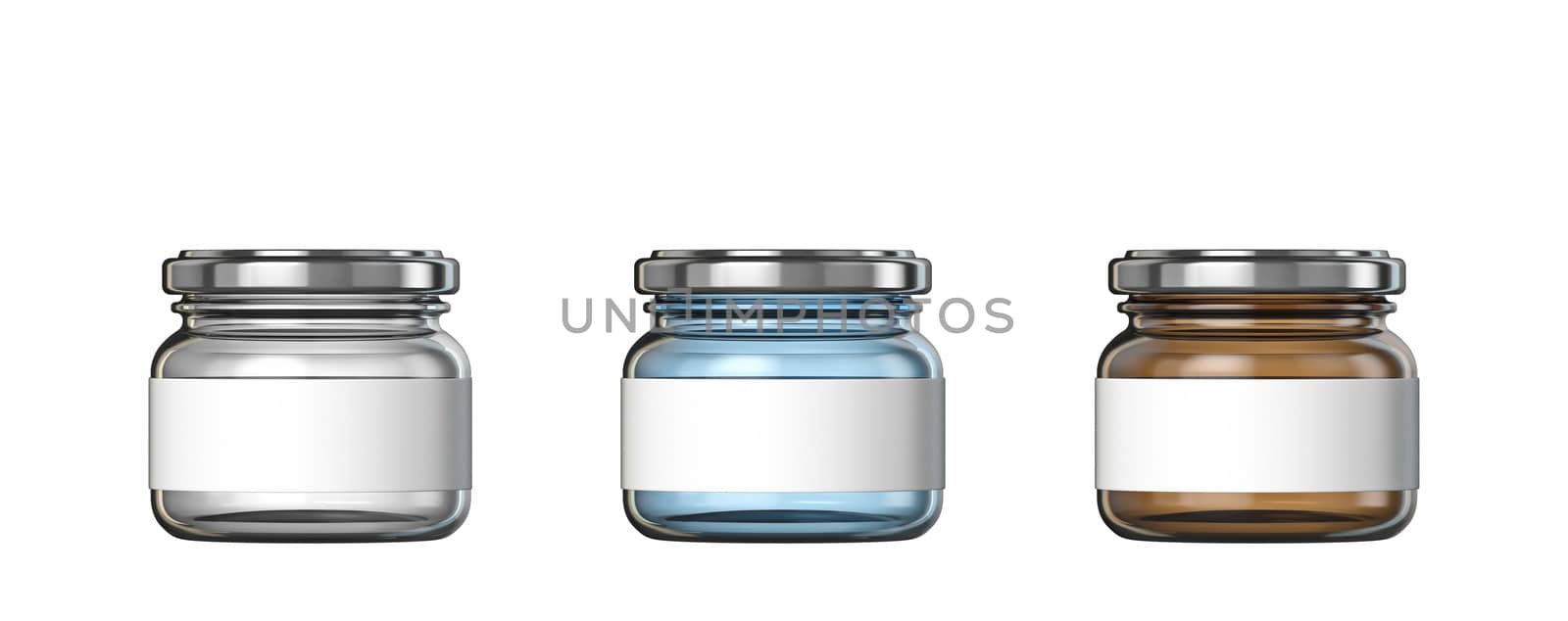 White, blue and brown big glass jars white label 3D render illustration isolated on white background