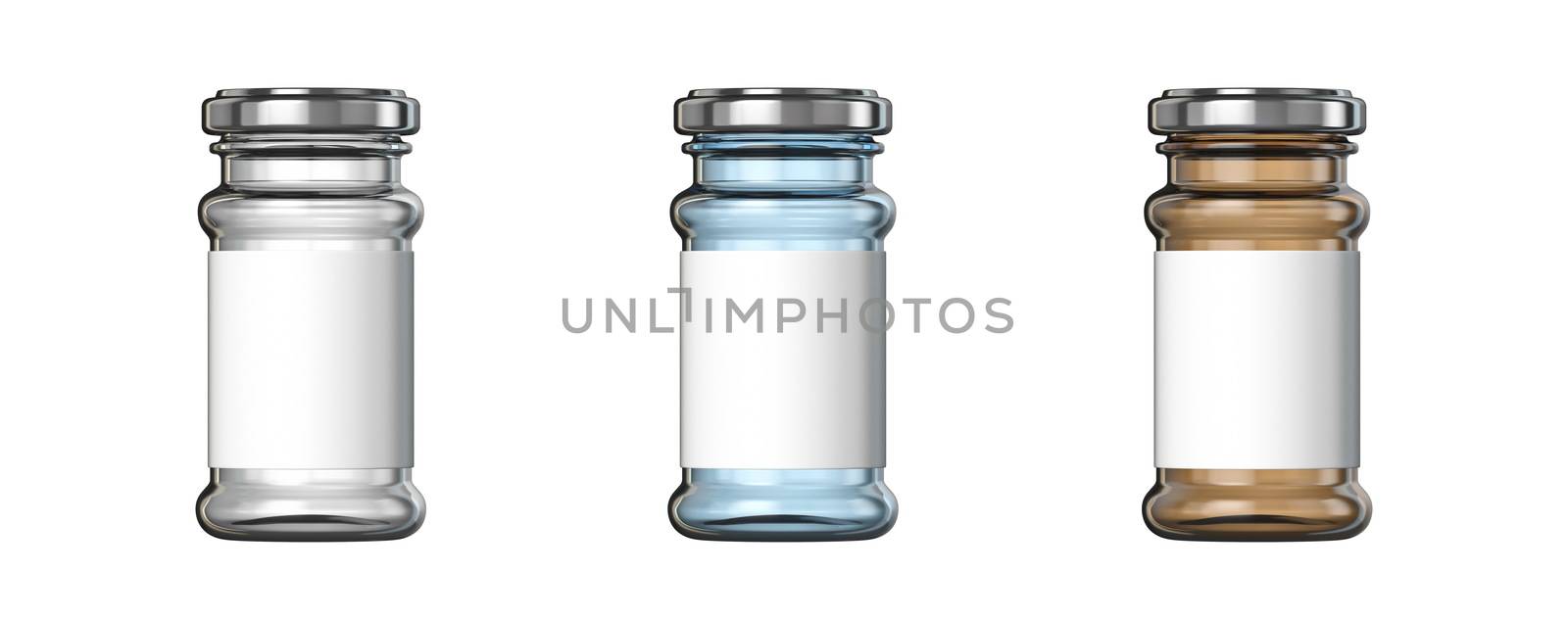 White, blue and brown big glass jars white label 3D render illustration isolated on white background