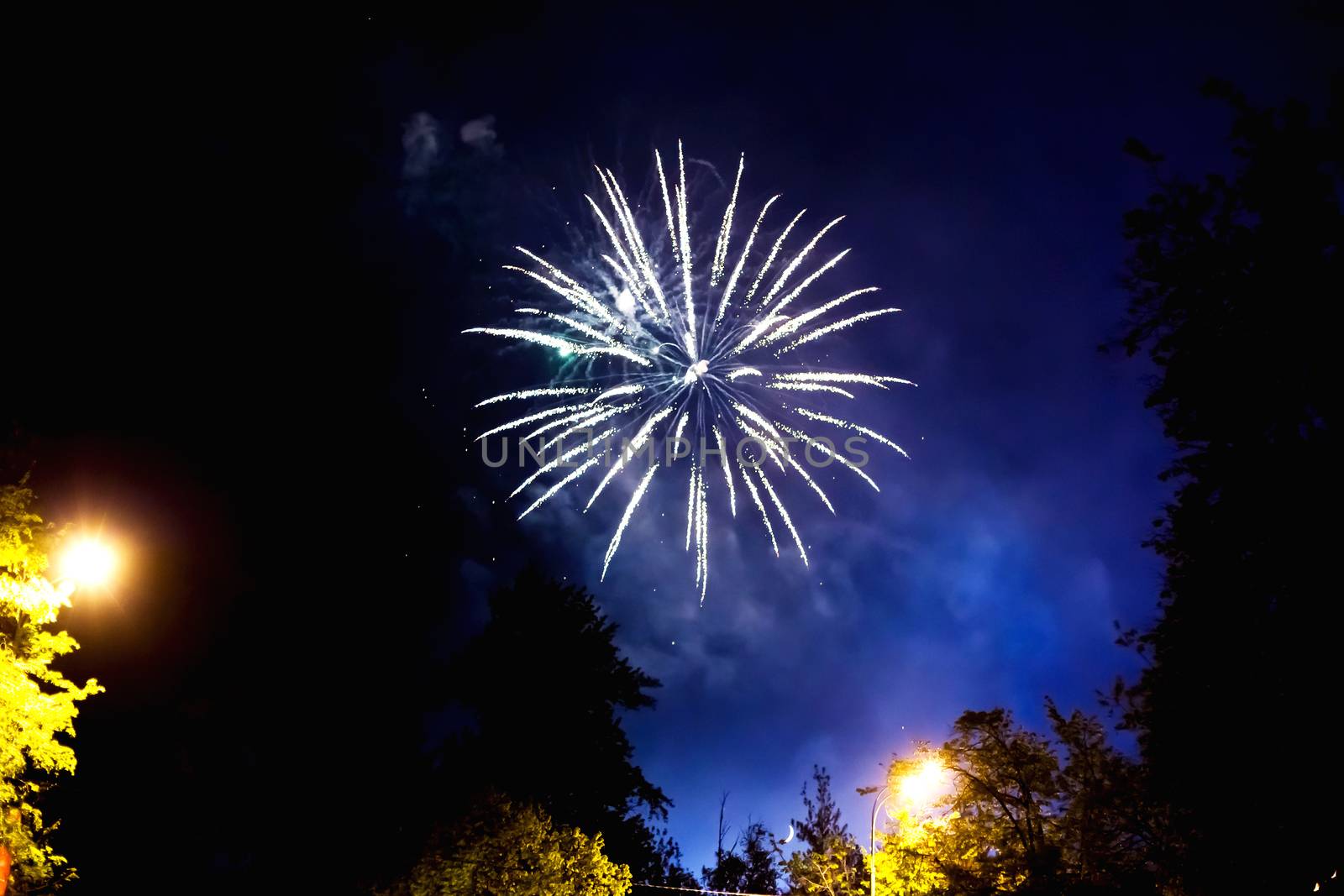Fireworks in Odintsovo town (Moscow region). Victory day, May 9, 2016. Russia.