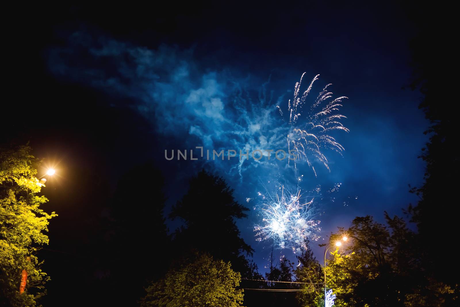 Fireworks in Odintsovo town (Moscow region). Victory day, May 9, 2016. Russia.