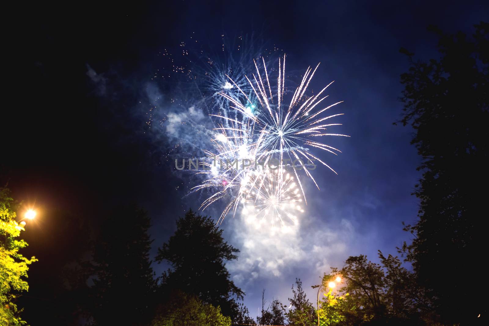 Fireworks in Odintsovo town (Moscow region). Victory day, May 9, 2016. Russia.