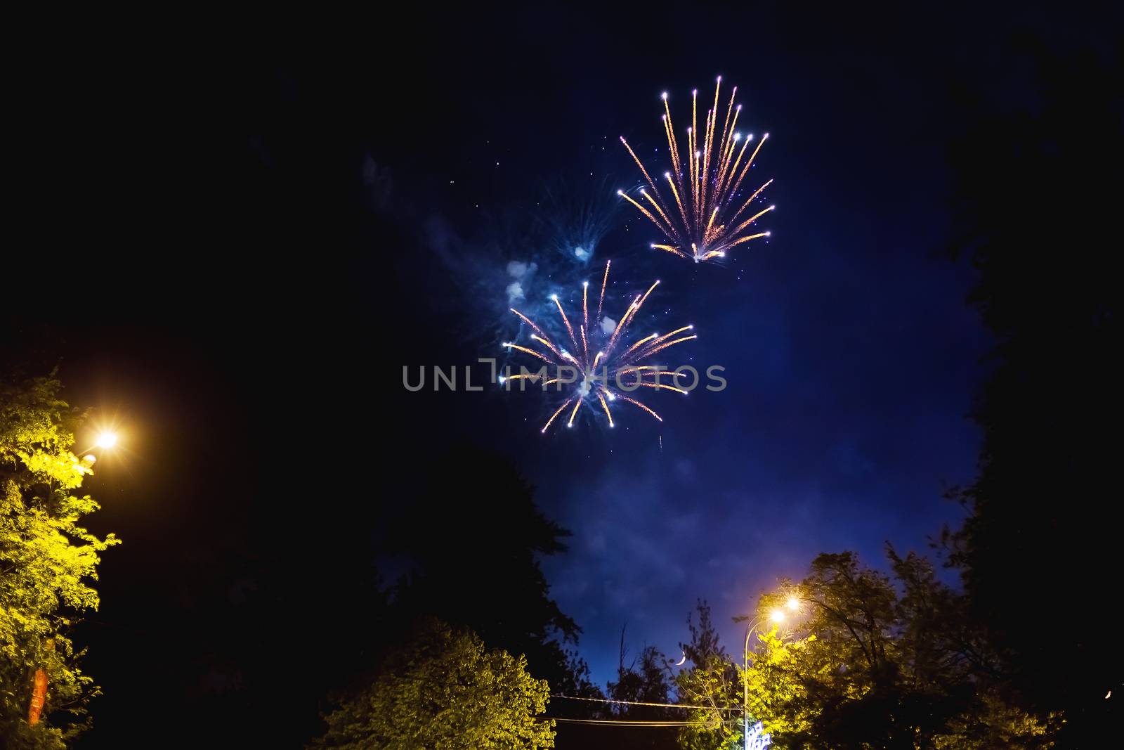 Fireworks in Odintsovo town (Moscow region). Victory day, May 9, 2016. Russia.