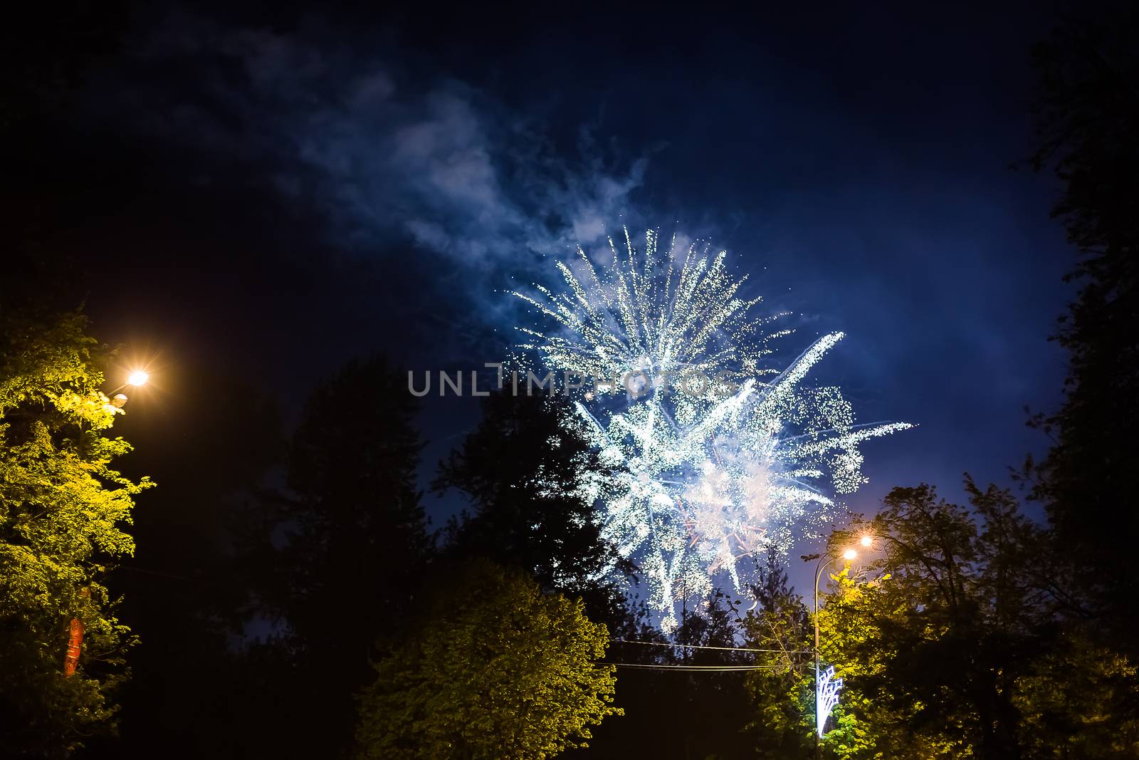 Fireworks in Odintsovo town (Moscow region). Victory day, May 9, 2016. Russia.