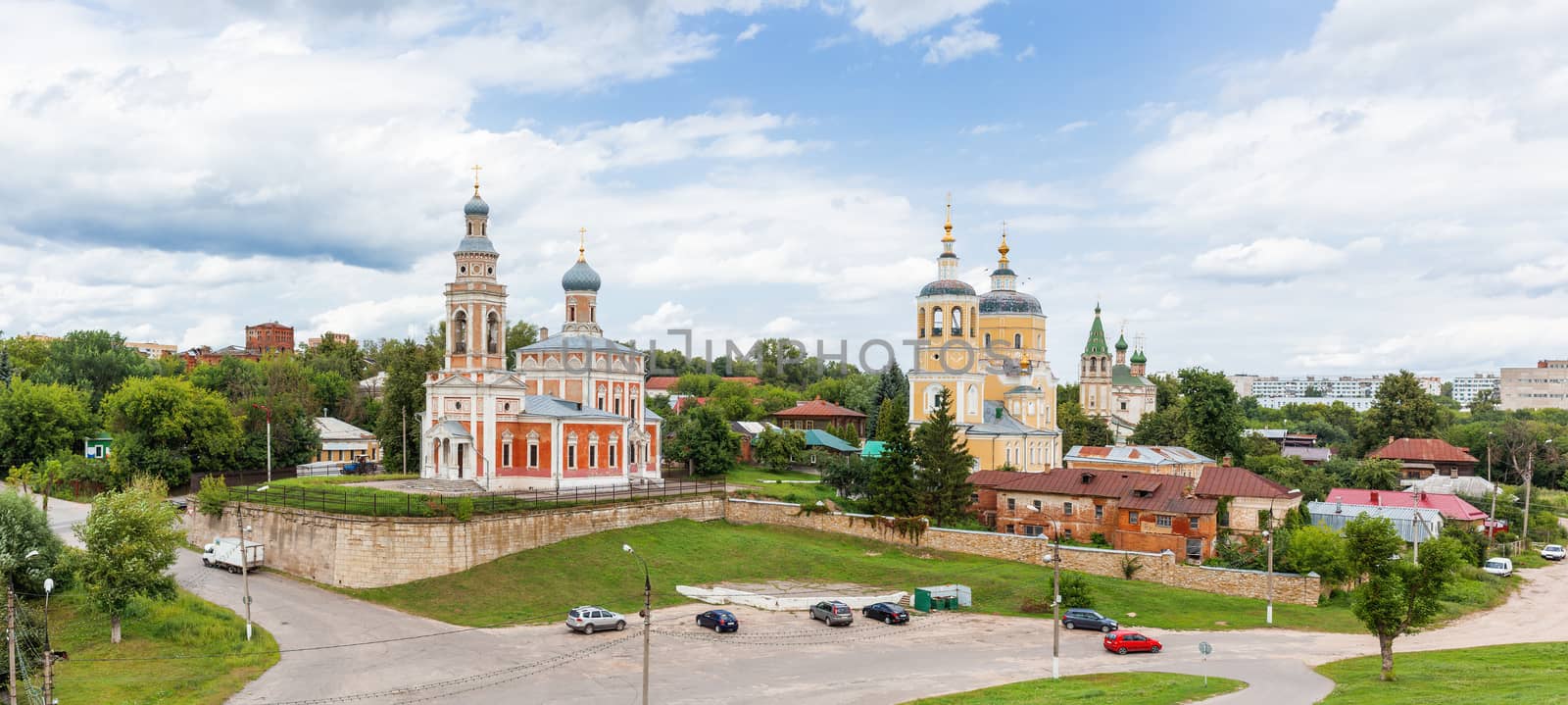 Panorama view on Assumption Church on the Hill and Church Of Elijah The Prophet, medieval orthodox churches in Serpukhov, Moscow region, Russia. by aksenovko