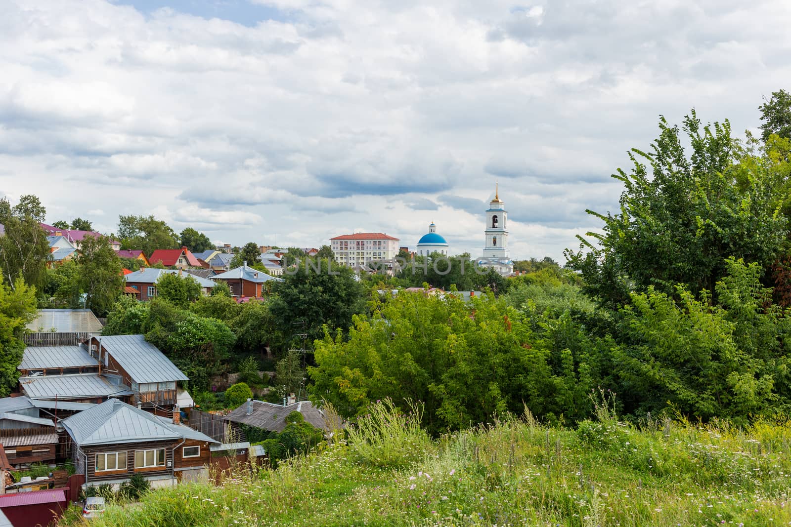 Panorama view on Serpukhov town from Red mount. Domes of St.Nicholas the White Cathedral. Moscow region, Russia.