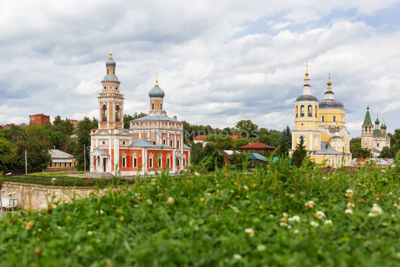 Panorama view on Assumption Church on the Hill and Church Of Elijah The Prophet, medieval orthodox churches in Serpukhov, Moscow region, Russia.