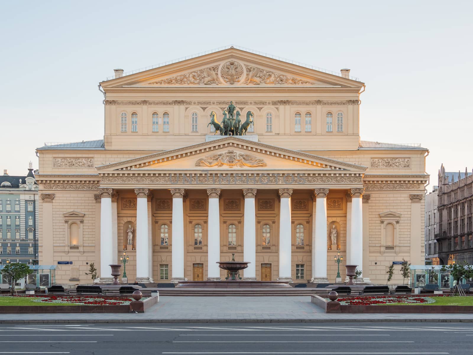 Historic building of famous Bolshoi Theatre, landmark in Moscow, Russia.
