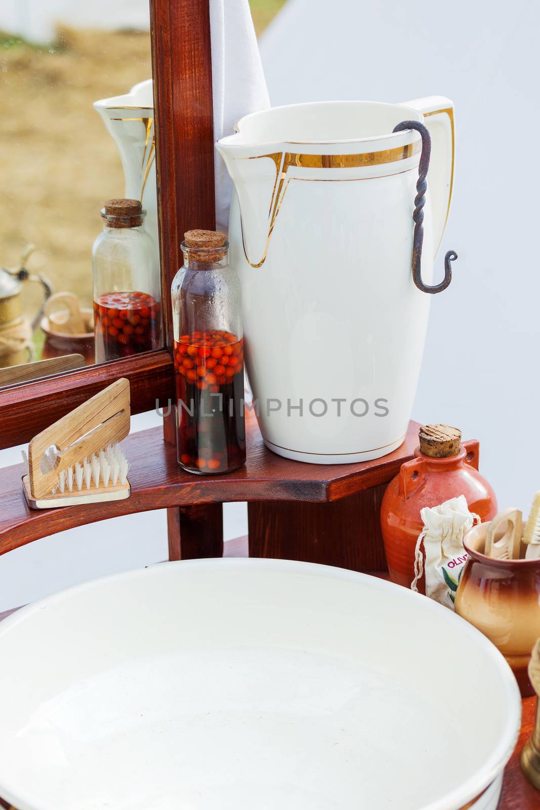 Old fashioned barber portable set - mirror, rowan tincture, razor, shaving brush, jar with water, nippers for moustaches, oil and ointments. Historical reconstruction of 19th century. by aksenovko