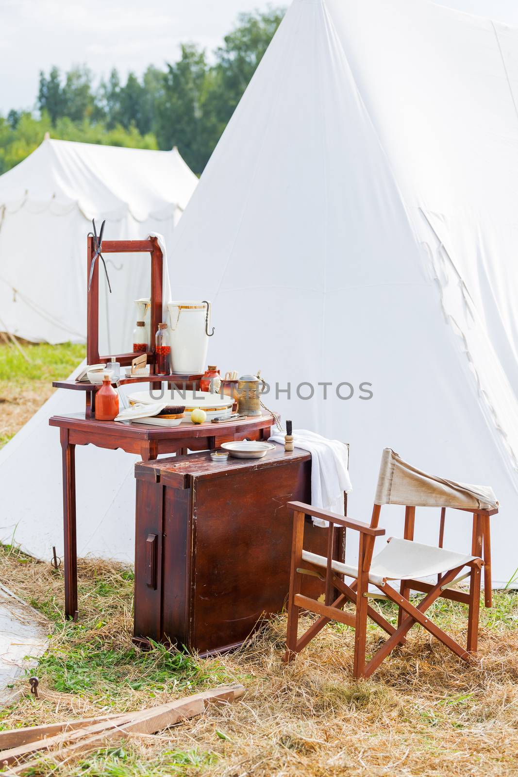 Old fashioned barber portable set - mirror, rowan tincture, razor, shaving brush, jar with water, nippers for moustaches, oil and ointments. Historical reconstruction of 19th century. by aksenovko