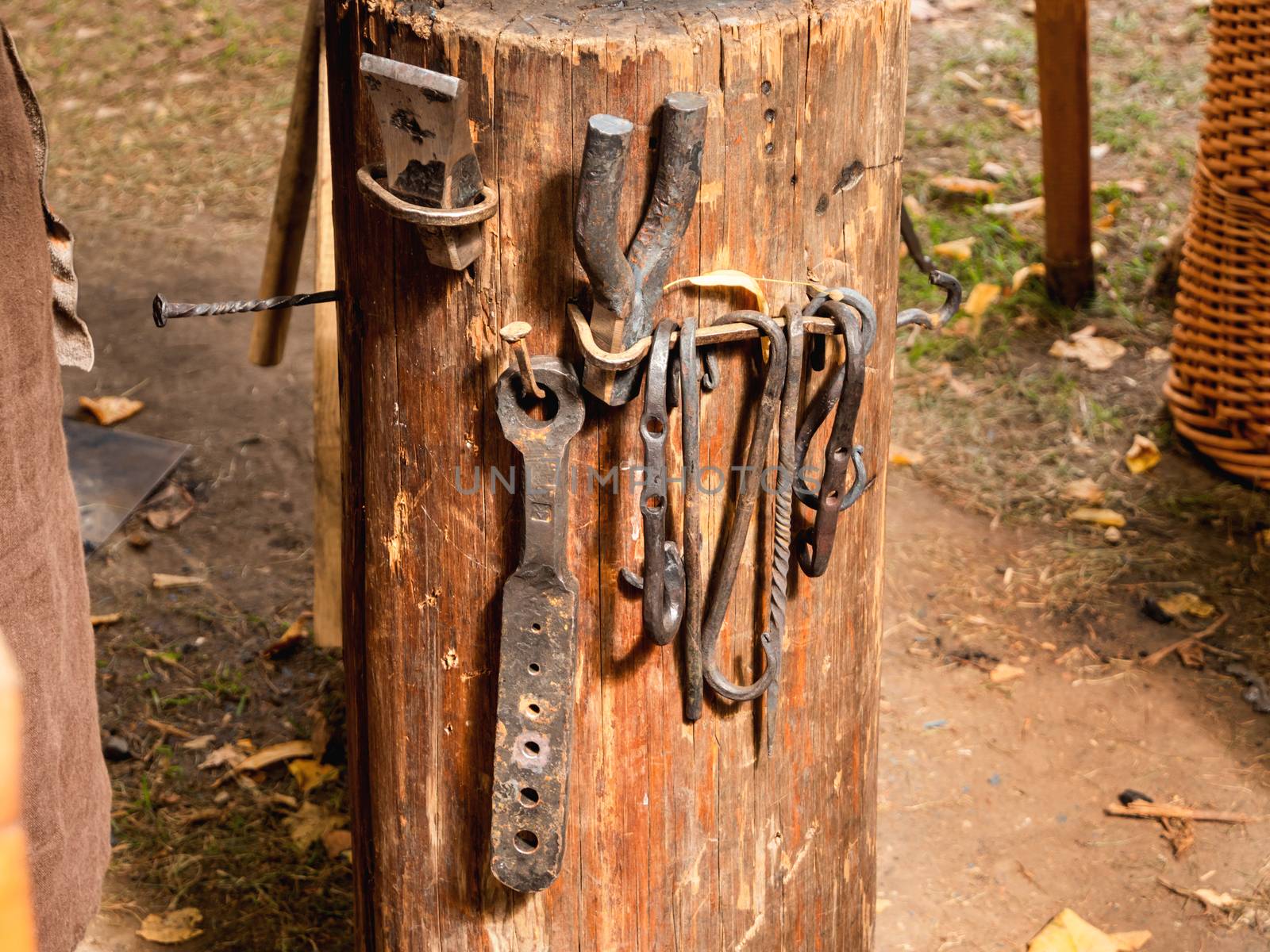 Medieval blacksmith tools. Annual festival Times and Epochs. Historical reconstruction. Moscow, Russia.