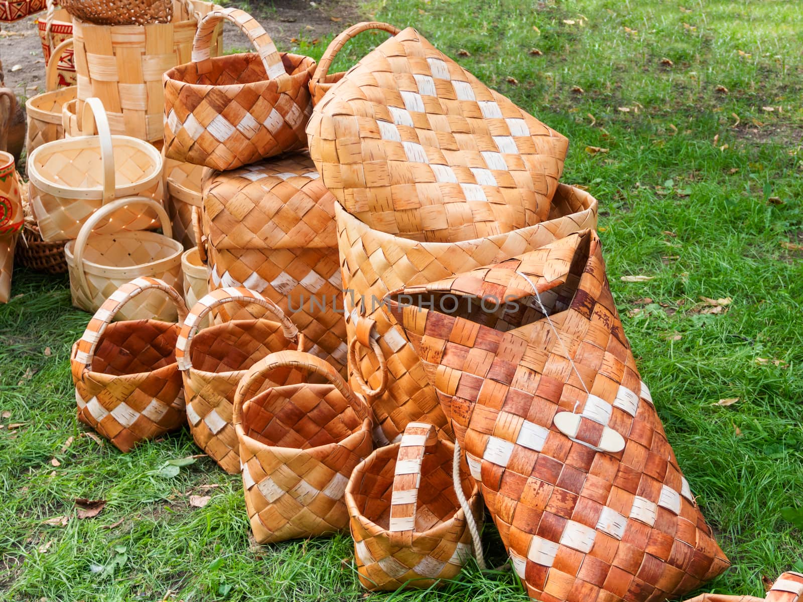 Baskets woven of birch bark. Ancient slavic storage boxes for food. Handmade eco-friendly bags.