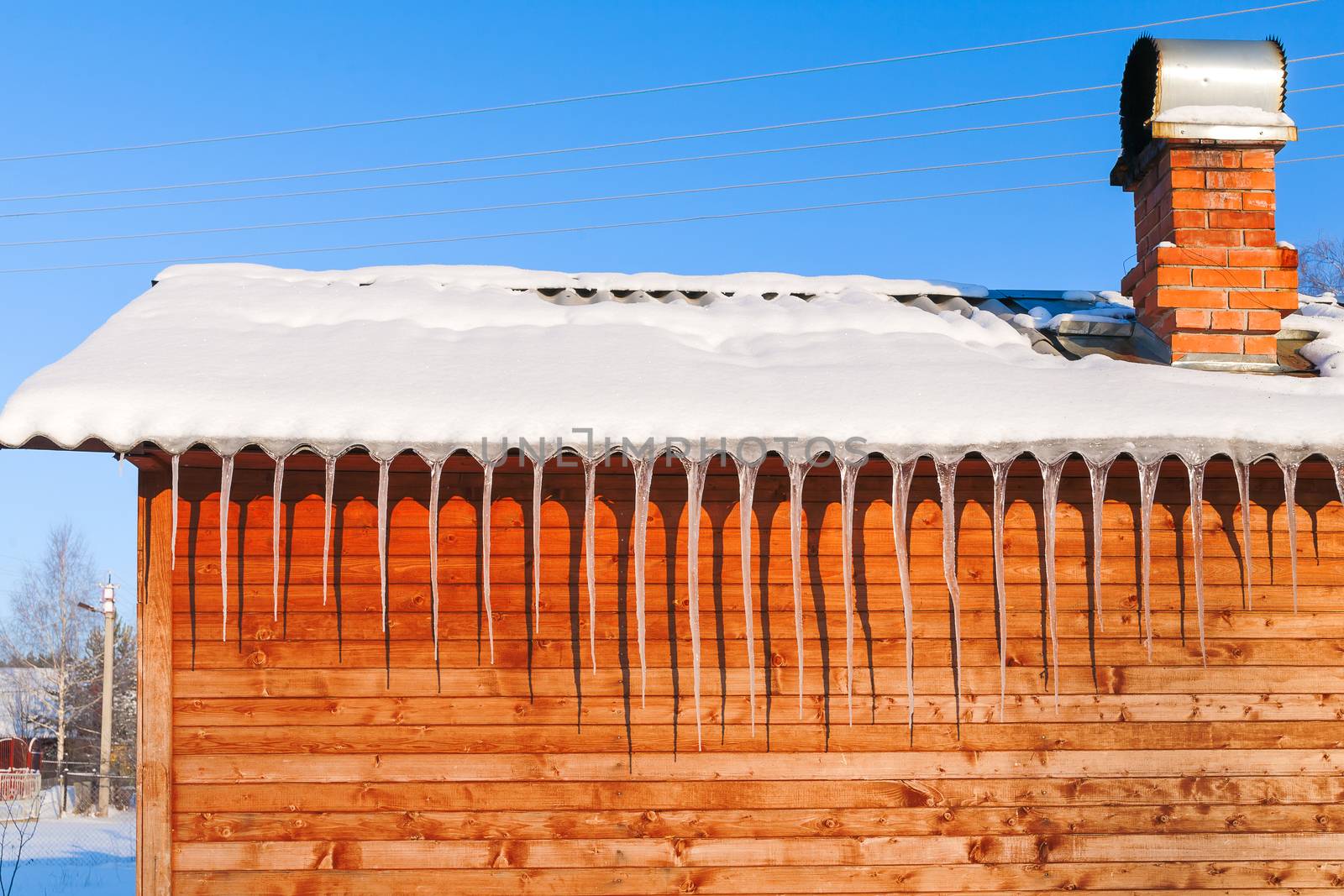 Long icicles on wooden wall in sunny winter day.