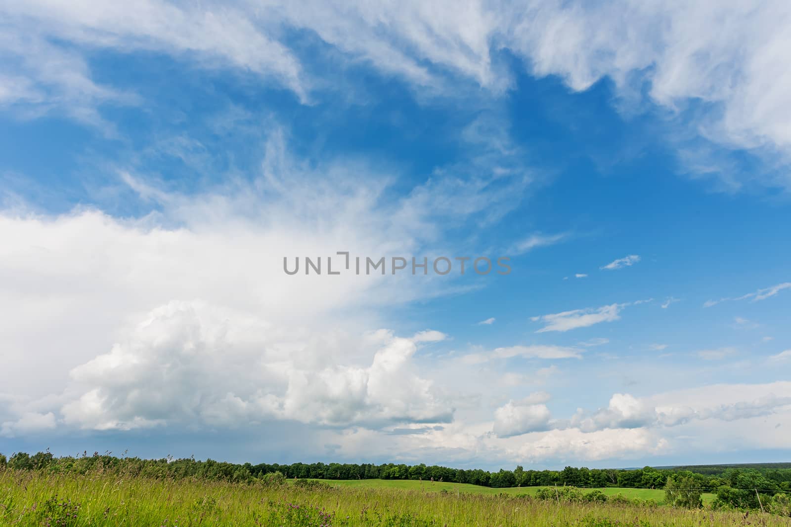 Countryside natural background. Rural path winds along the field. Cloudscape in sunny day. Russia.