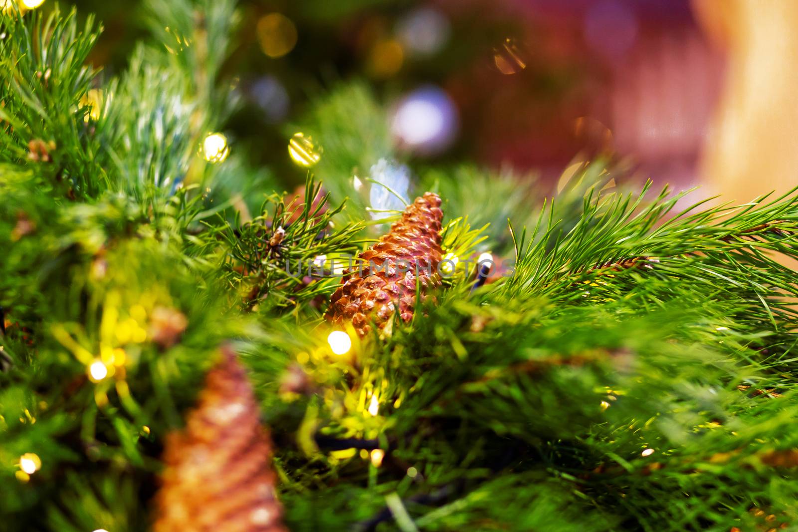 Pine tree decorated with cones and light bulbs for Christmas and New Year celebration. Natural winter background.