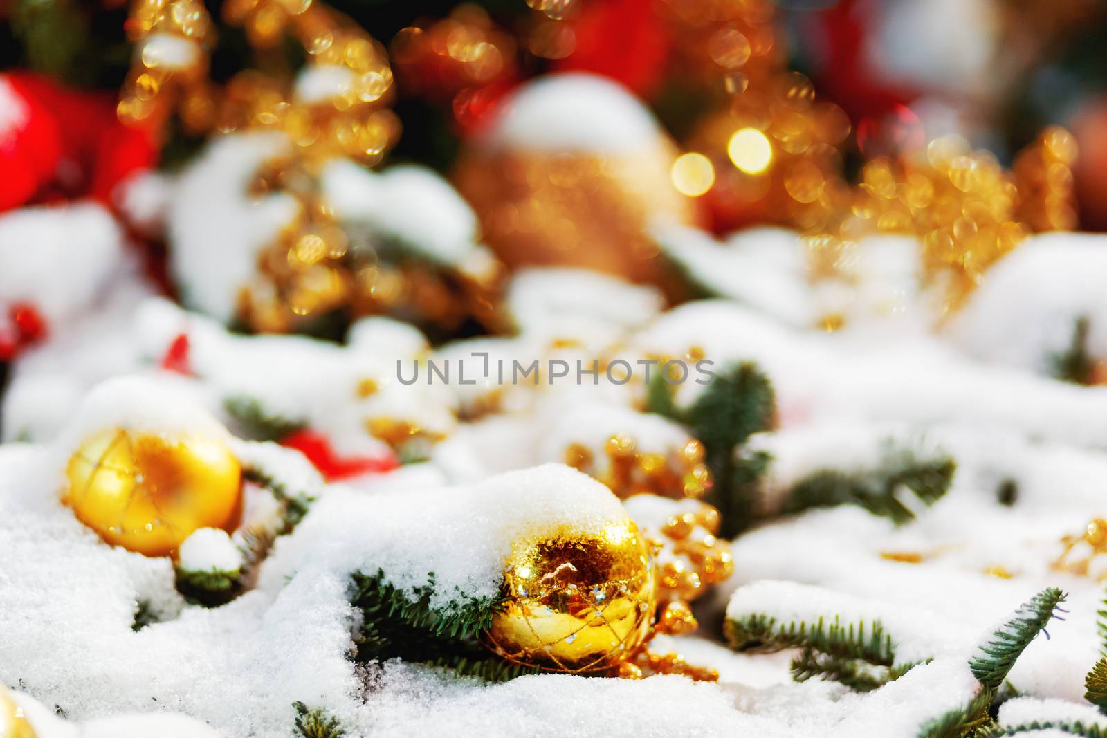 Outdoor decorations for New Year and Christmas celebration. Streets of Moscow decorated with light bulbs and colorful shiny balls. Russia.