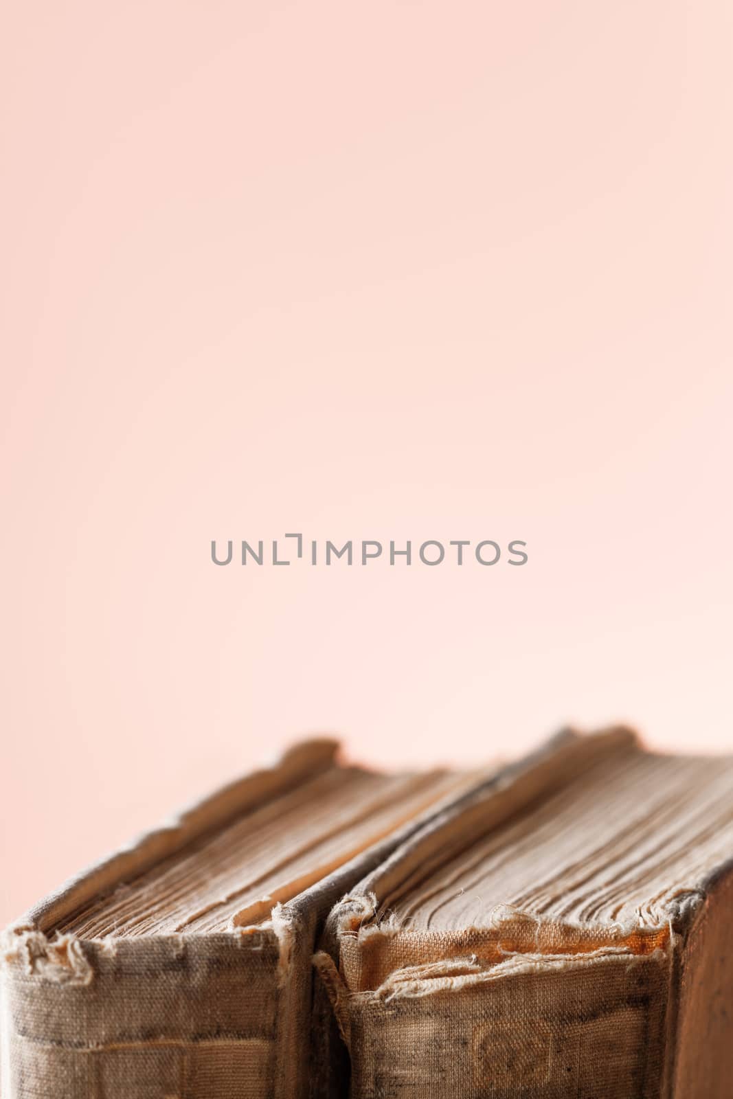 Banner with two old books. Books with shabby covers and ragged pages on light pink background with copy space.