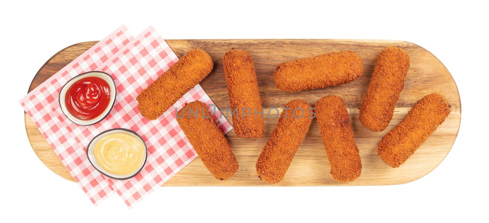 Brown crusty dutch kroketten on a serving tray isolated on a white background