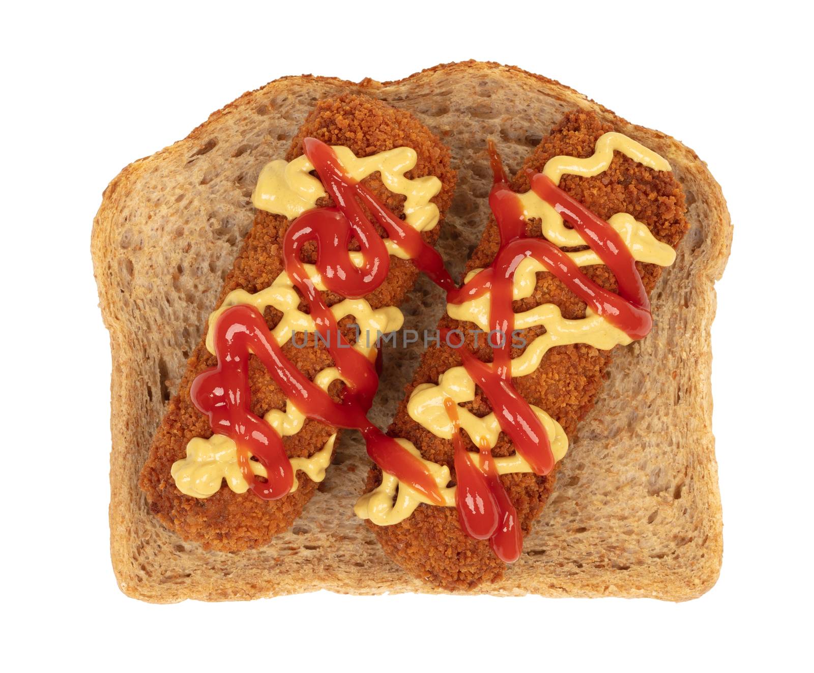 Brown crusty dutch kroket with mustard topping isolated, on a piece of bread, on a white background