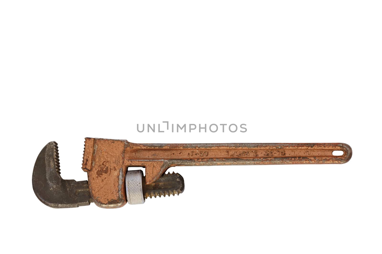 Old metal adjustable pipe wrench horizontal and isolated on white background.