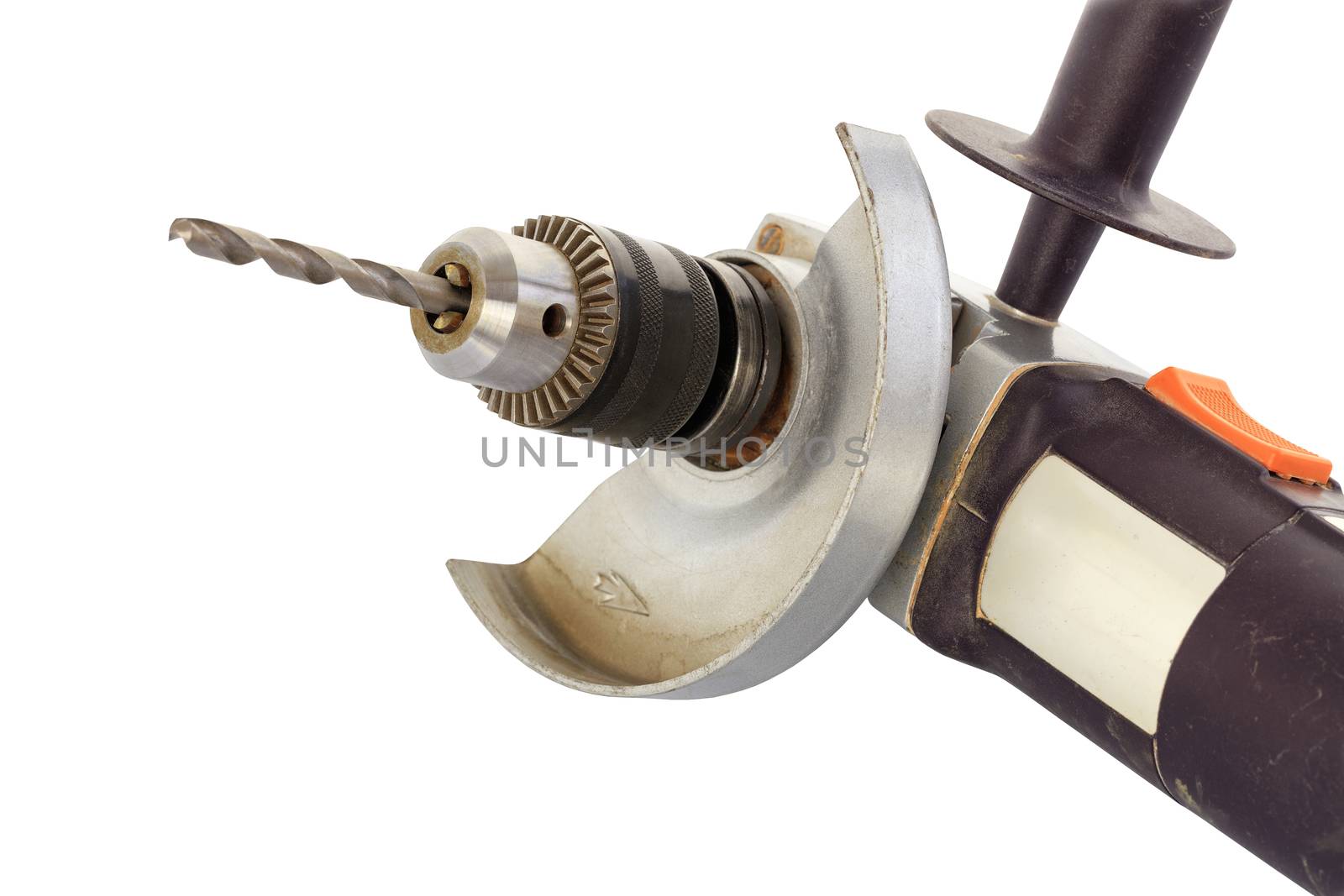 The original solution, the old angle grinder, is used as a drill with a metal chuck and drill bits, isolated on a white background.