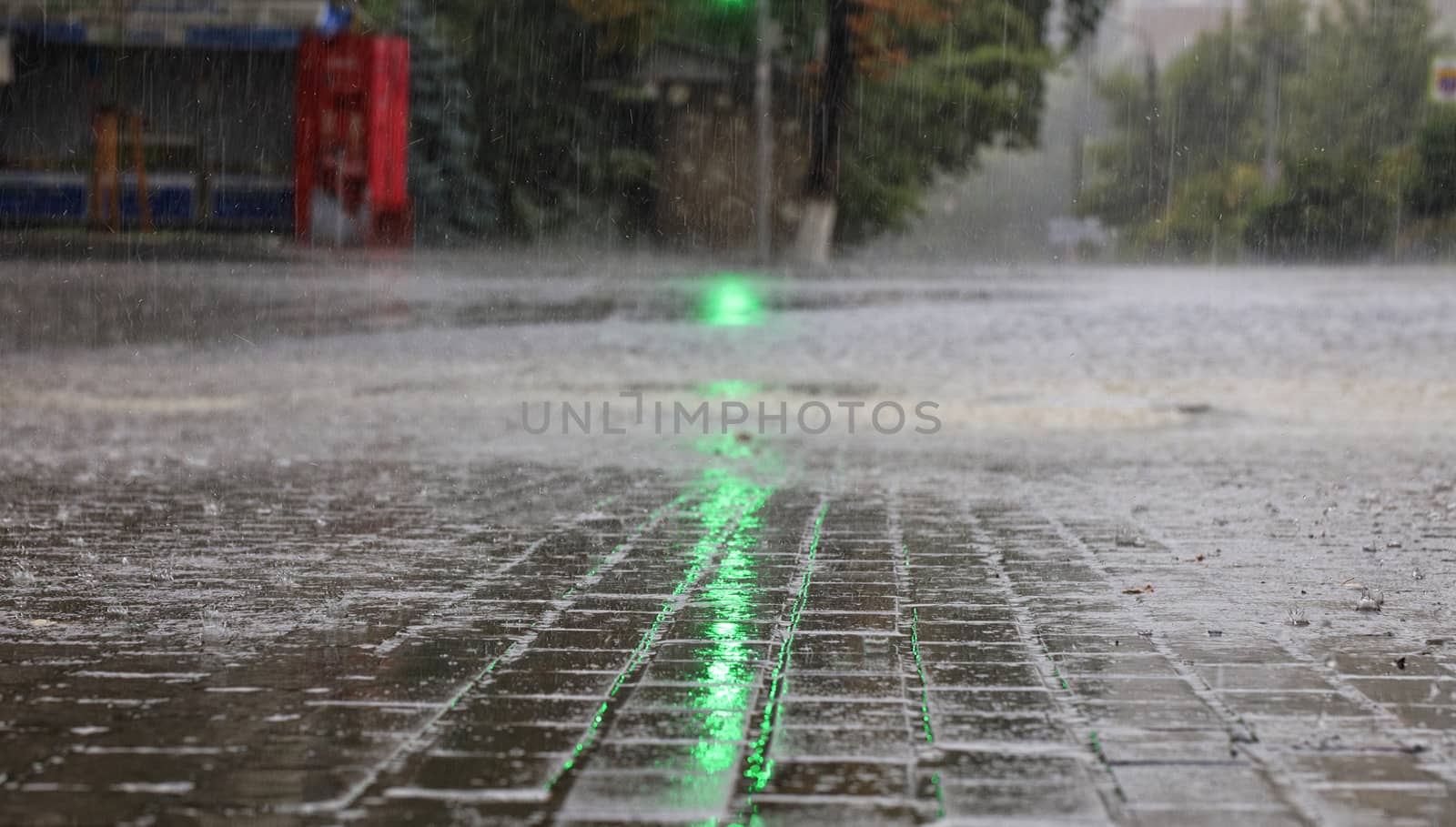 Heavy rain on the sidewalk and asphalt road is illuminated by a green traffic light. by Sergii