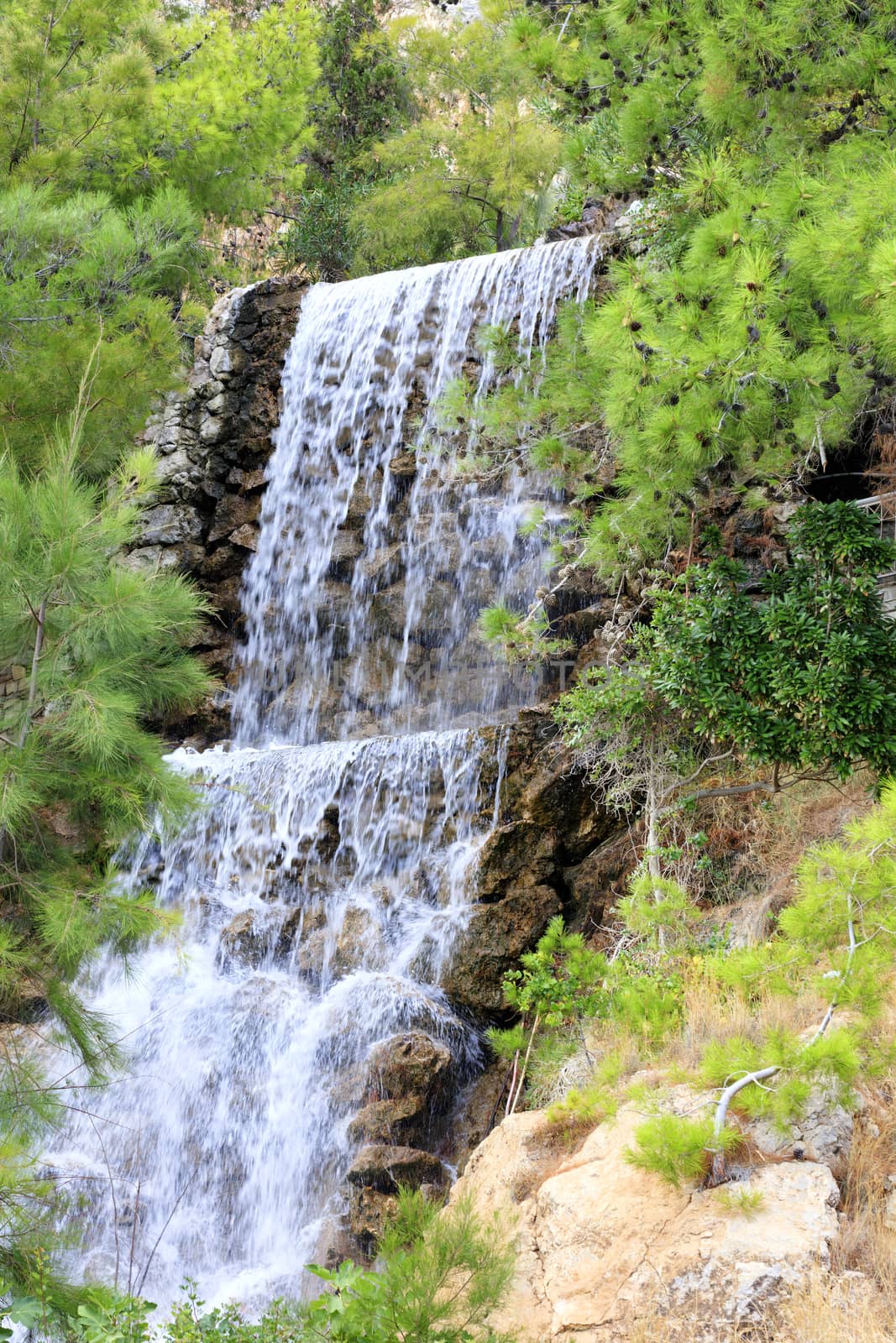 A large waterfall from a spring of radon water flows down large boulders at the foot of the mountain among the green Mediterranean pines and palm trees in the park of Loutraki, Greece, vertical image.